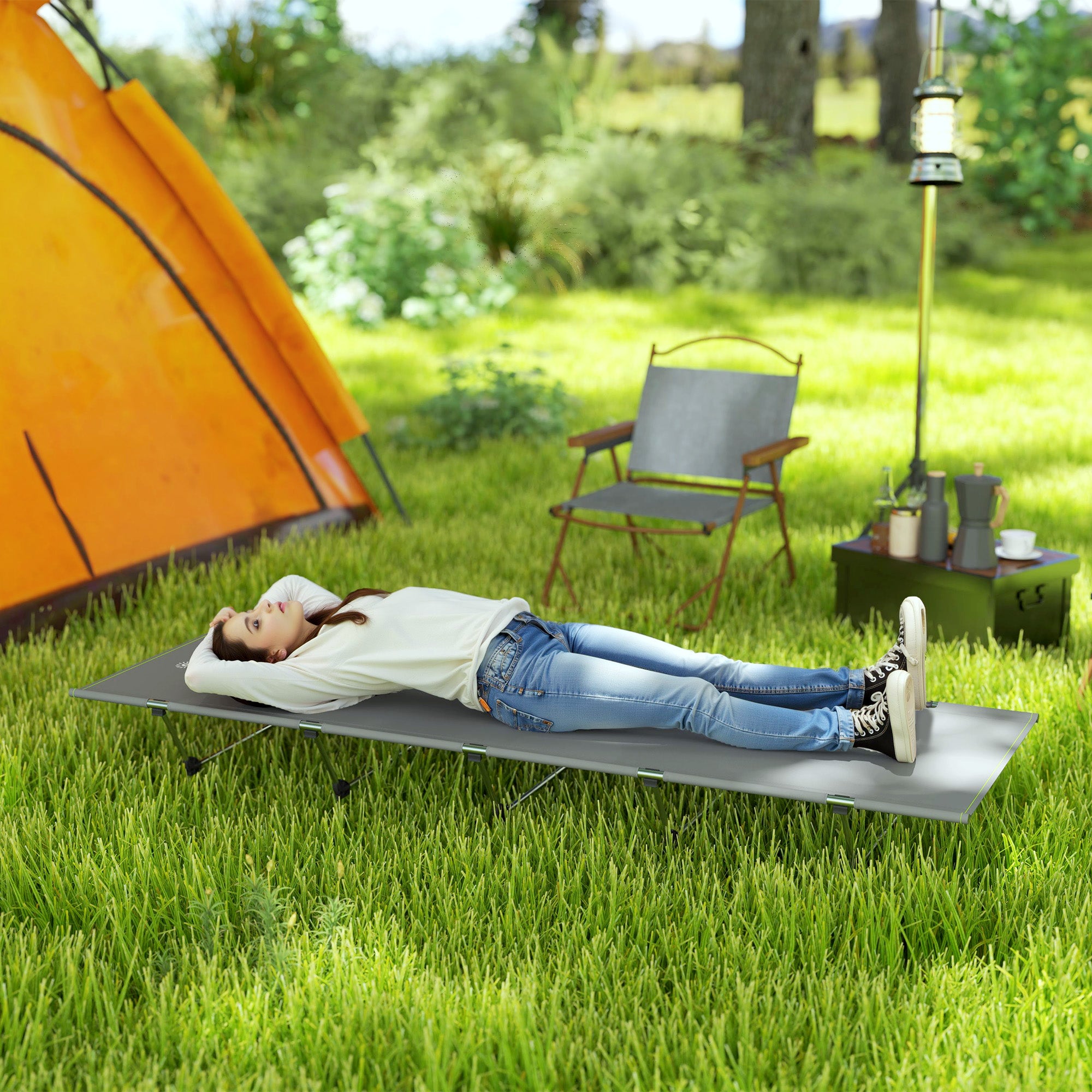 Outsunny Lightweight Camping Bed, Aluminium Portable Camp Cot w/ Strong Support 150kg and Carry Bag for Camping, Dark Grey - North Peak Garden Furniture