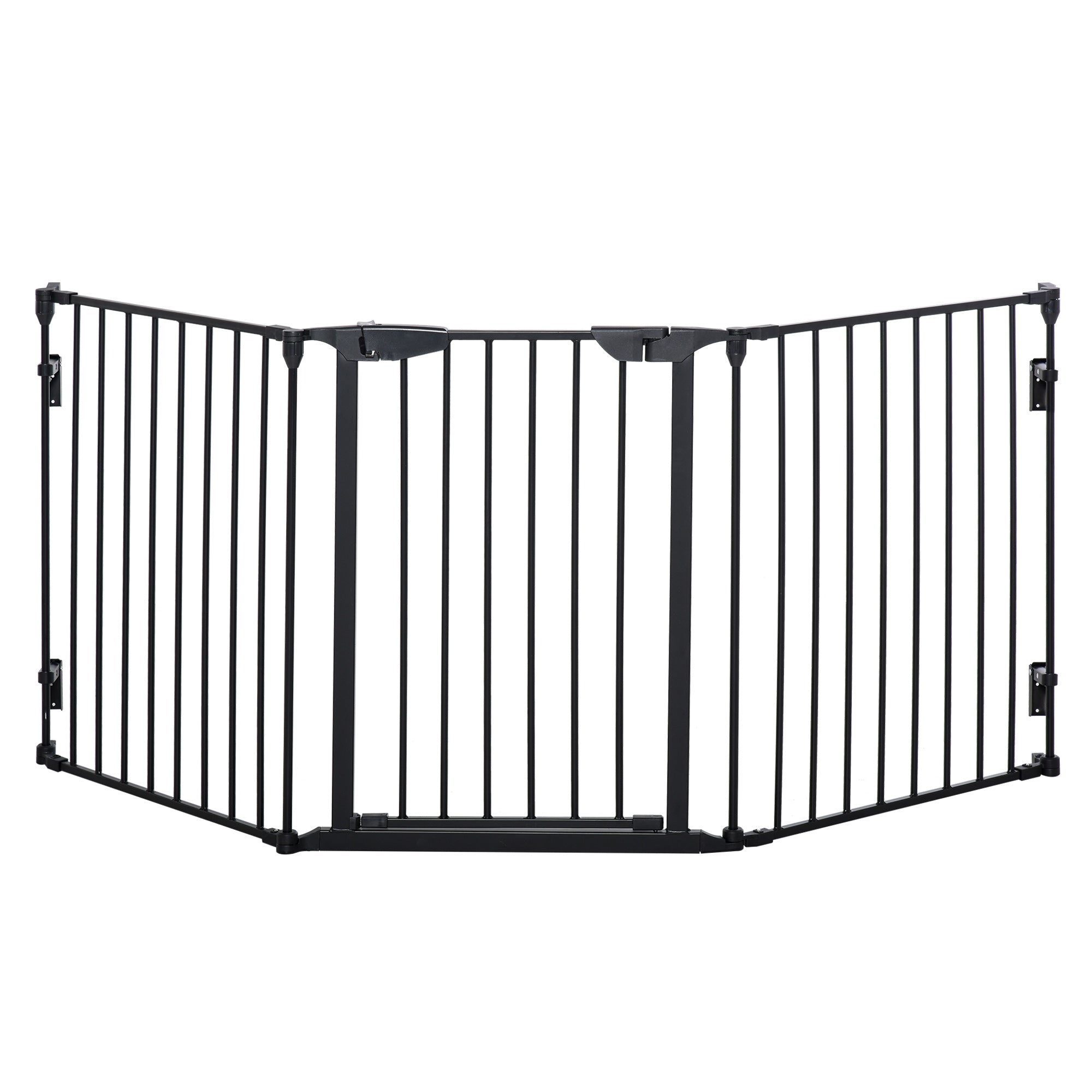 PawHut Pet Safety Gate, 3 Panels Playpen Fireplace, Metal Fence, Stair Barrier, Room Divider w/ Walk-Through Door - Black - North Peak Garden Furniture