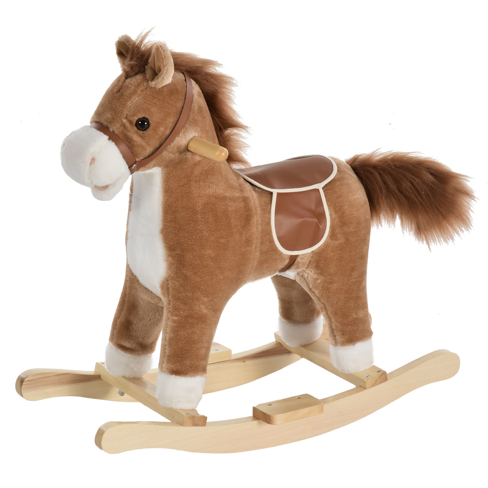 HOMCOM Kids Plush Rocking Horse w/ Sound Moving Mouth Wagging Tail Children Rocker Ride On Toy Gift 3-6 Years Brown - North Peak Garden Furniture