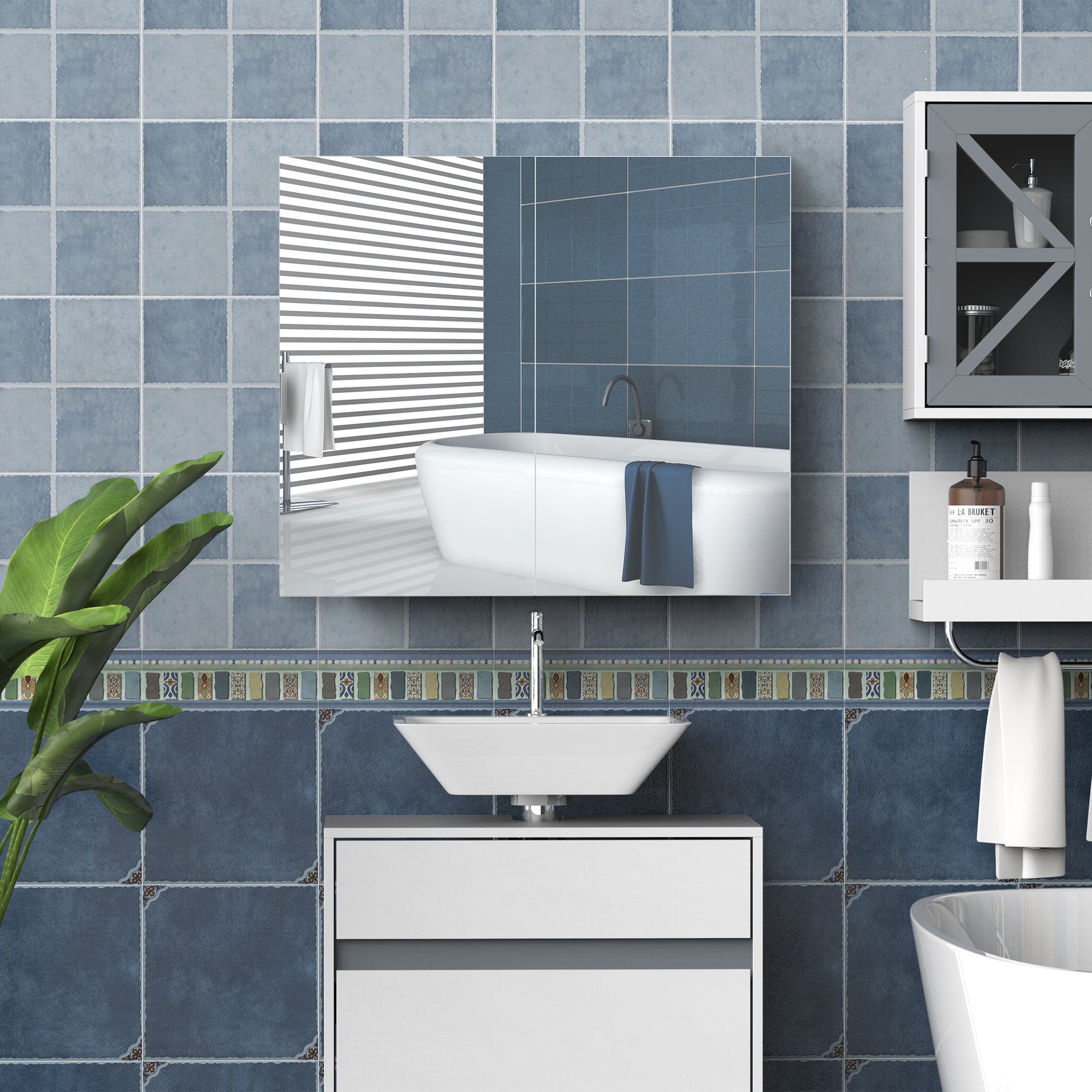 HOMCOM Mirror Cabinet, Wall Mount Bathroom Storage Cabinet with Adjustable Shelf, Double Door Cupboard, 70 x 15 x 60 cm, White - North Peak Garden Furniture