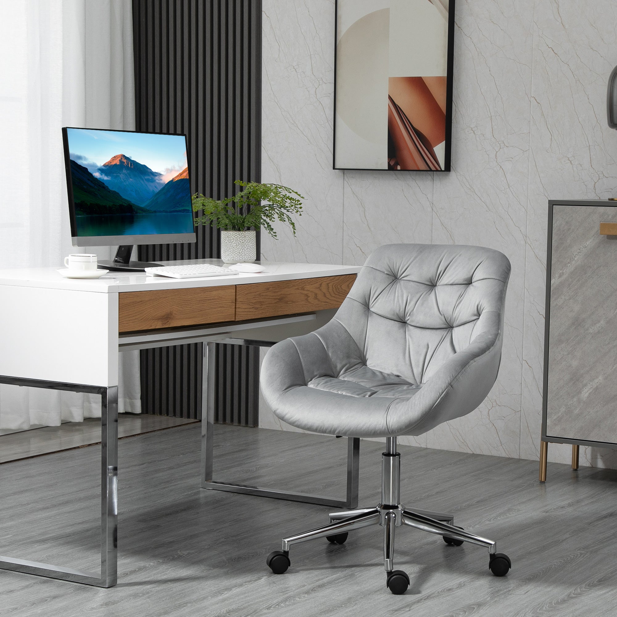 Vinsetto Home Office Chair Velvet Ergonomic Computer Chair Comfy Desk Chair with Adjustable Height, Arm and Back Support, Grey - North Peak Garden Furniture