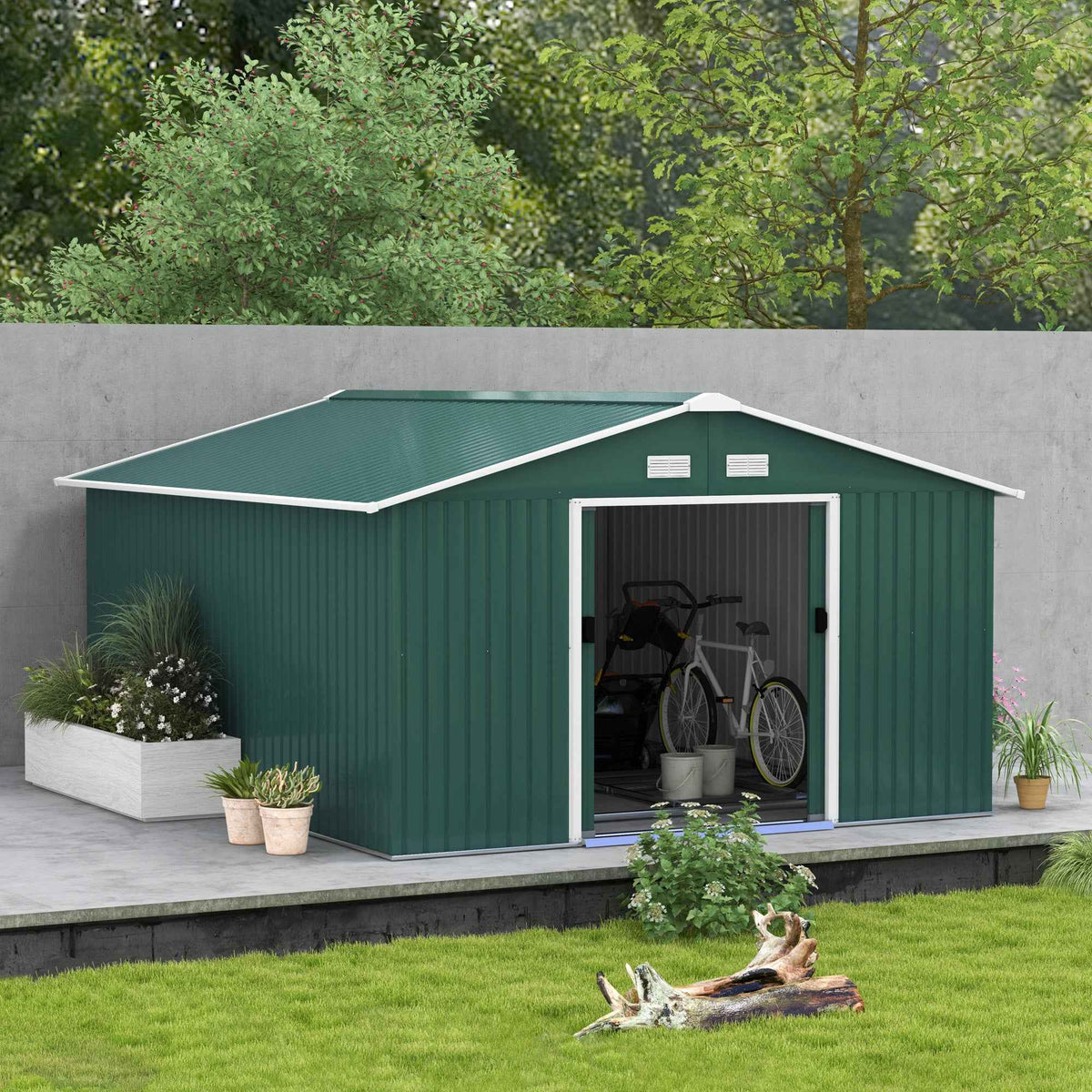 Outsunny 12.5 x 11.1ft Steel Sliding Door Storage Shed - Green
