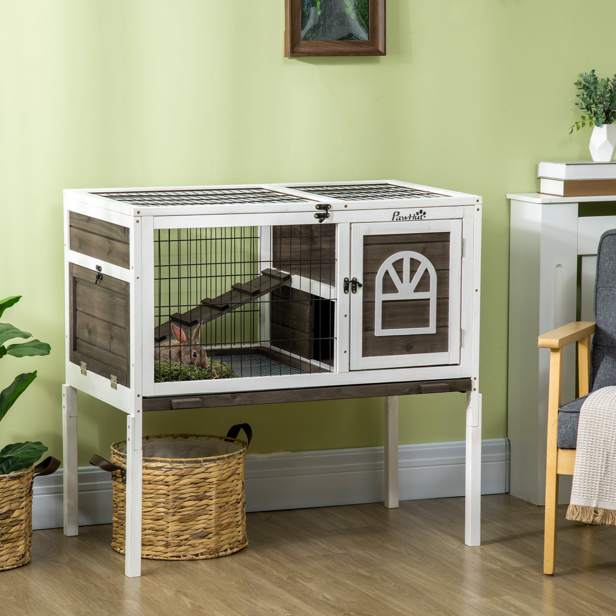 PawHut Wooden Rabbit Hutch, Guinea Pig Cage, with Removable Tray, Openable Roof