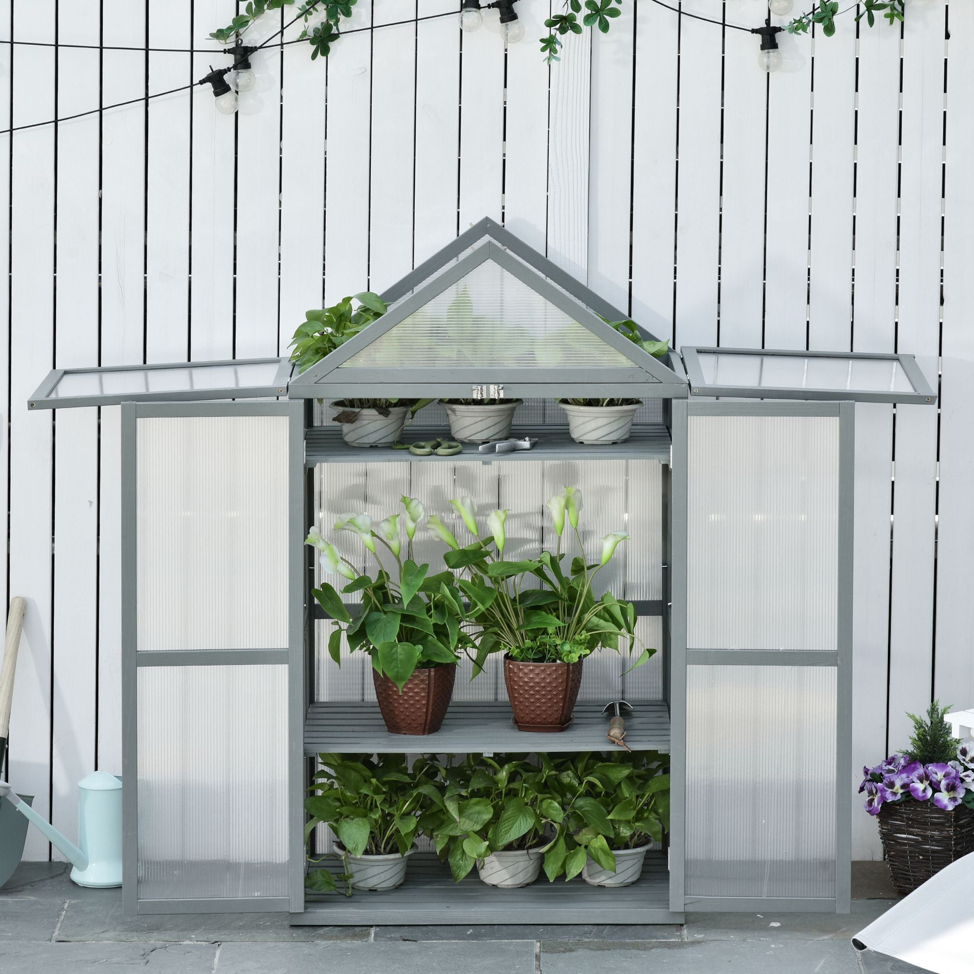 Outsunny Garden Cold Frame Polycarbonate Greenhouse with Adjustable Shelves, Double Doors, Openable Top Covers, Grow House for Flower Vegetable Plants, 80 x 47 x 138cm, Grey - North Peak Garden Furniture