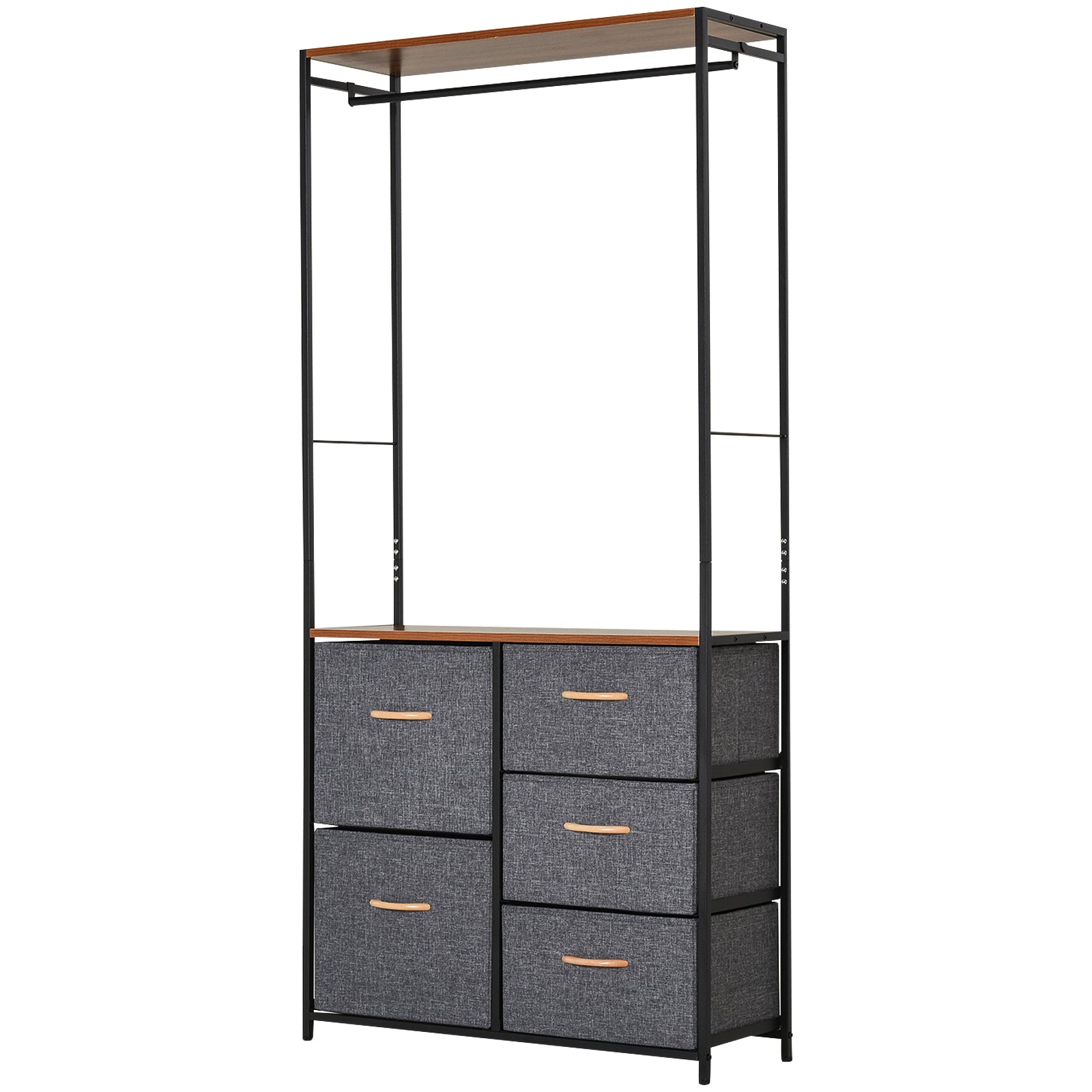 HOMCOM Chest of Drawers with Coat rack Steel Frame 5 Drawers Bedroom Hallway Home Furniture Black Brown - North Peak Garden Furniture