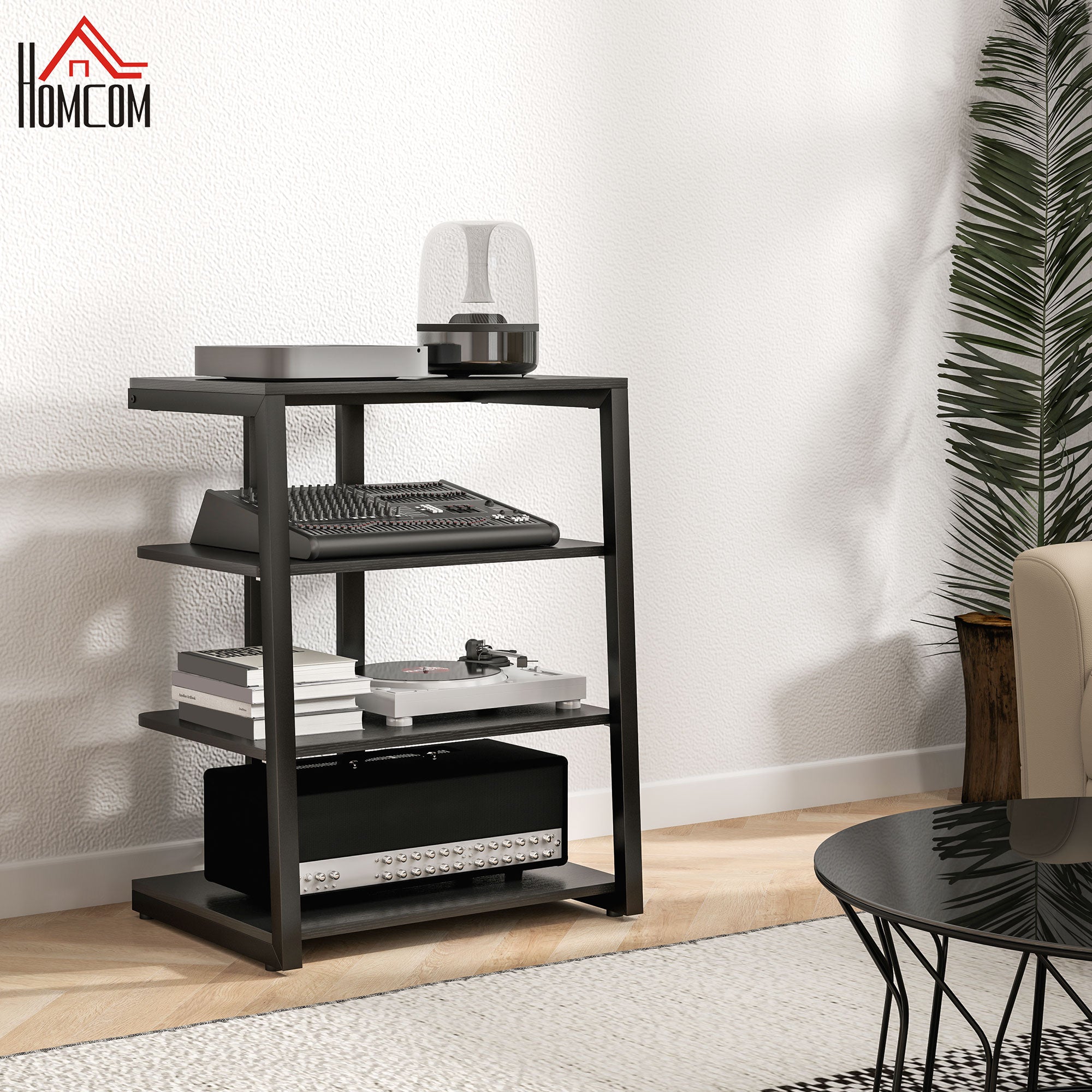 HOMCOM HiFi Stand, with Four Storage Shelves - Black - North Peak Garden Furniture