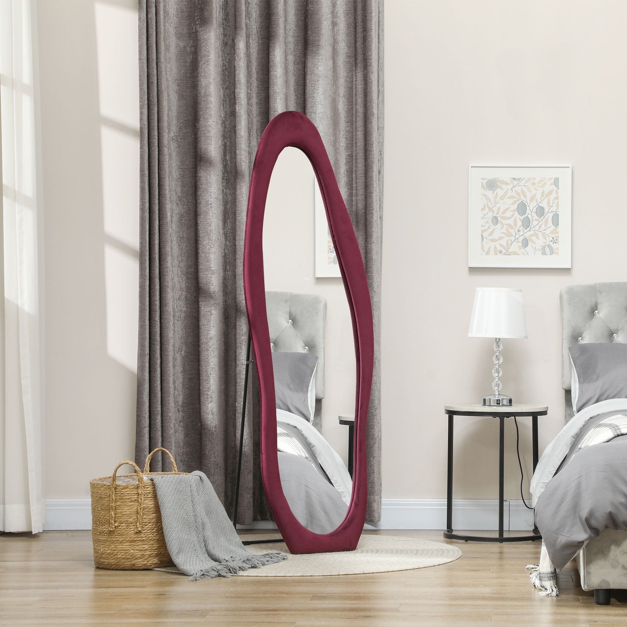 HOMCOM Wavy Velvet-Feel Full Length Mirror - Wine Red - North Peak Garden Furniture