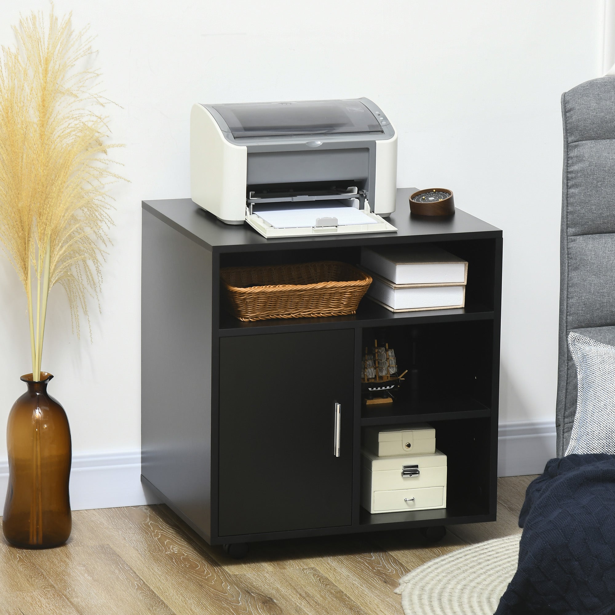 HOMCOM Multi-Storage Printer Stand Unit Office Desk Side Mobile Storage w/ Wheels Modern Style 60L x 50W x 65.5H cm - Black - North Peak Garden Furniture