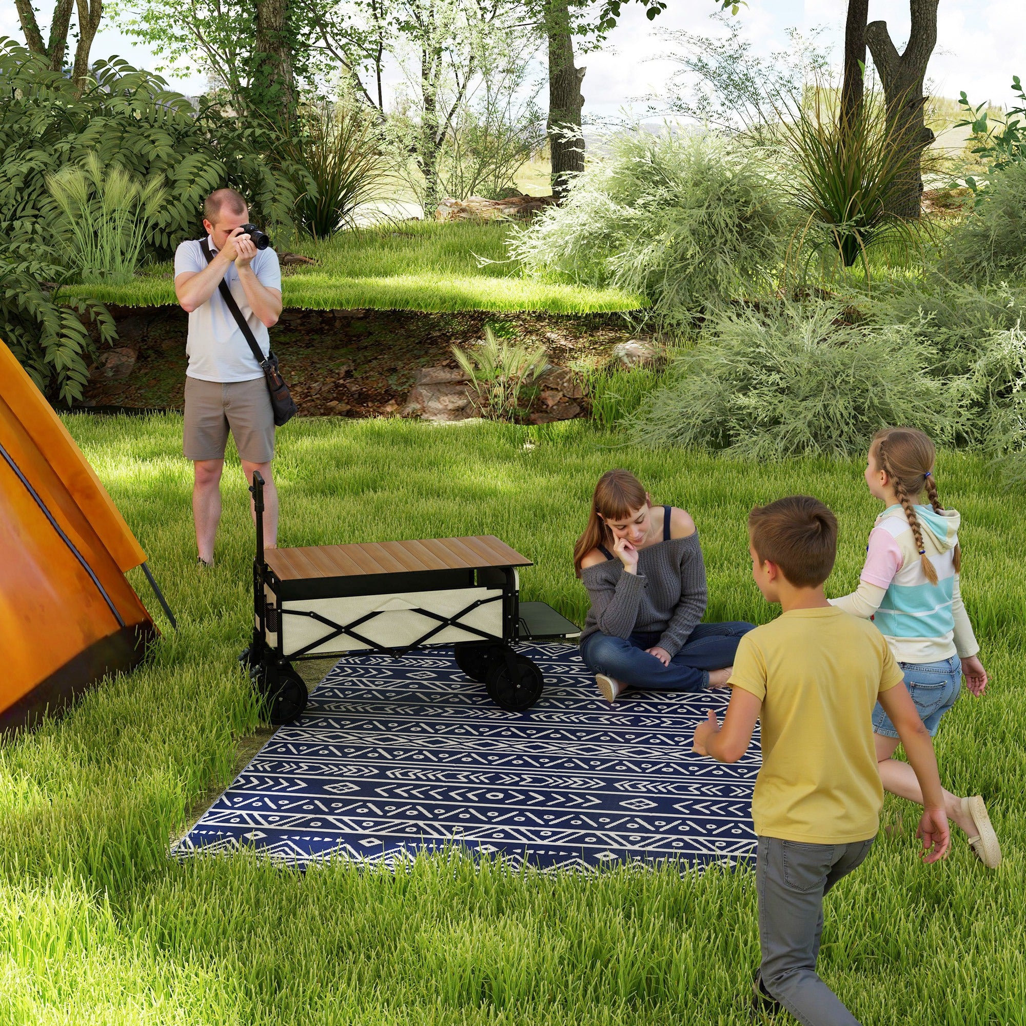 Outsunny Reversible Outdoor Rug with Carry Bag, Waterproof Plastic Straw Mat for Garden, Deck, RV, Picnic, Beach, Camping, 182 x 274cm, Dark Blue and White - North Peak Garden Furniture