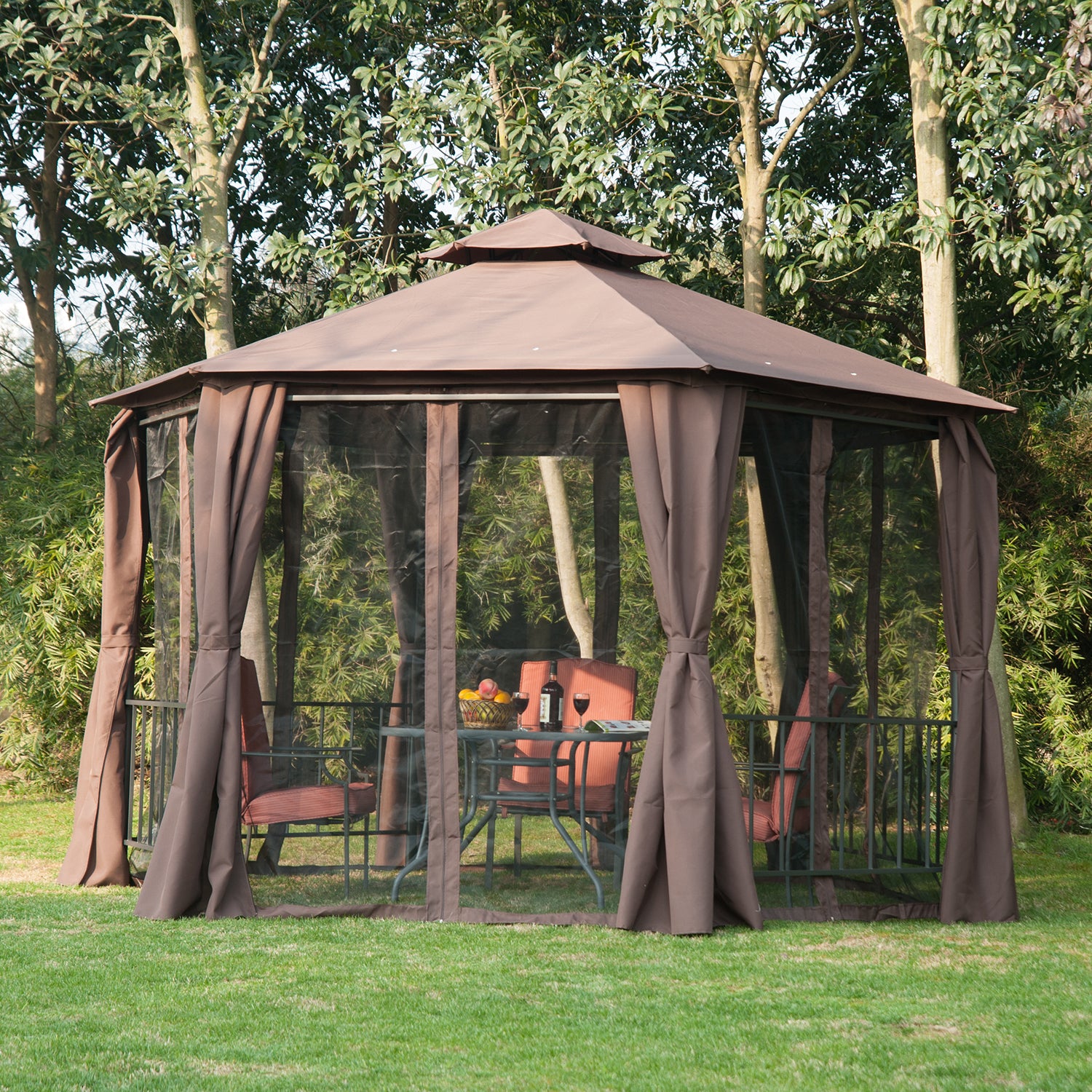 Outsunny 3 x 3(m) Hexagon Gazebo Patio Canopy Party Tent Outdoor Garden Shelter w/ 2 Tier Roof & Side Panel - Brown - North Peak Garden Furniture