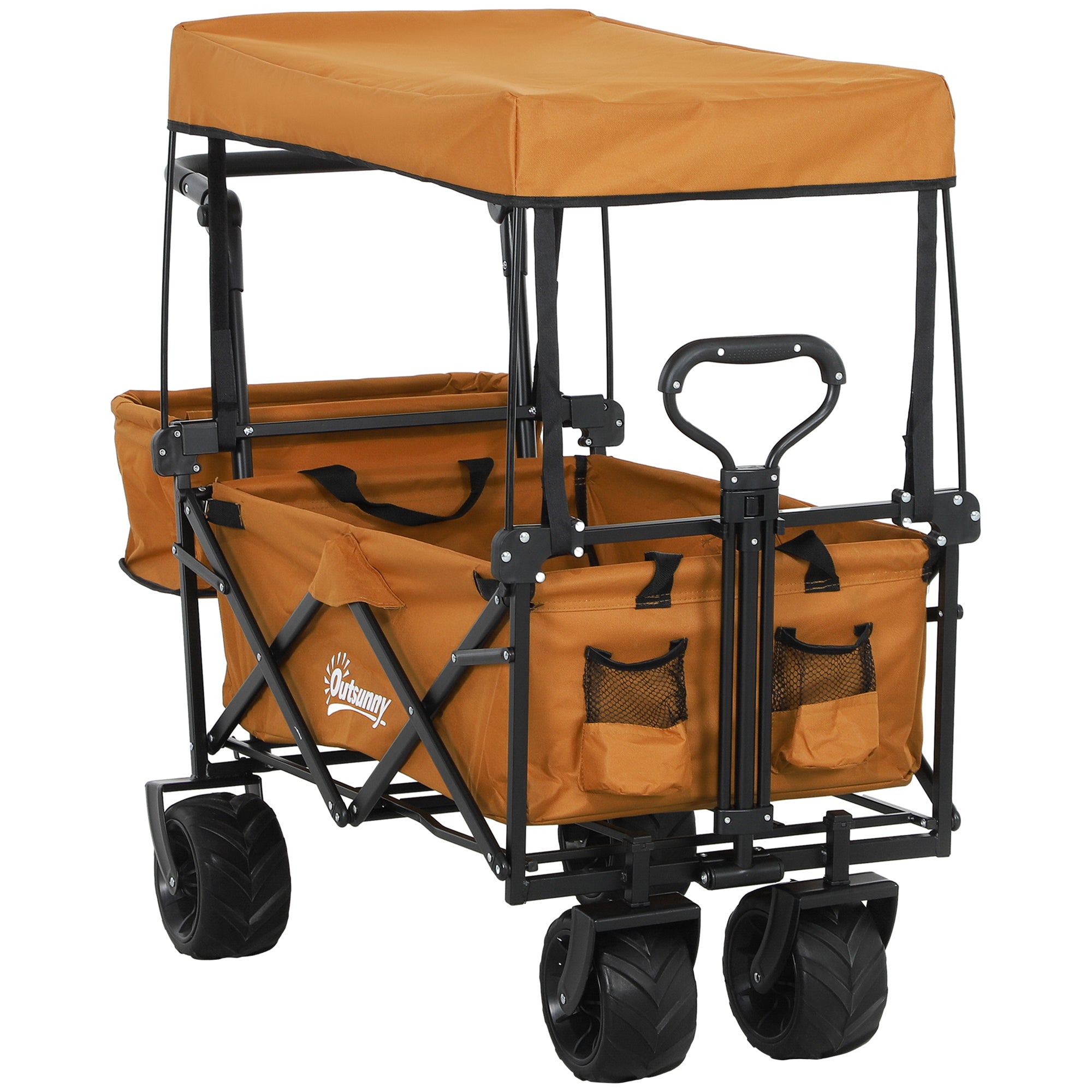 Outsunny Folding Trolley Cart Storage Wagon Beach Trailer 4 Wheels with Handle Overhead Canopy Cart Push Pull For Shopping Camping, Orange - North Peak Garden Furniture
