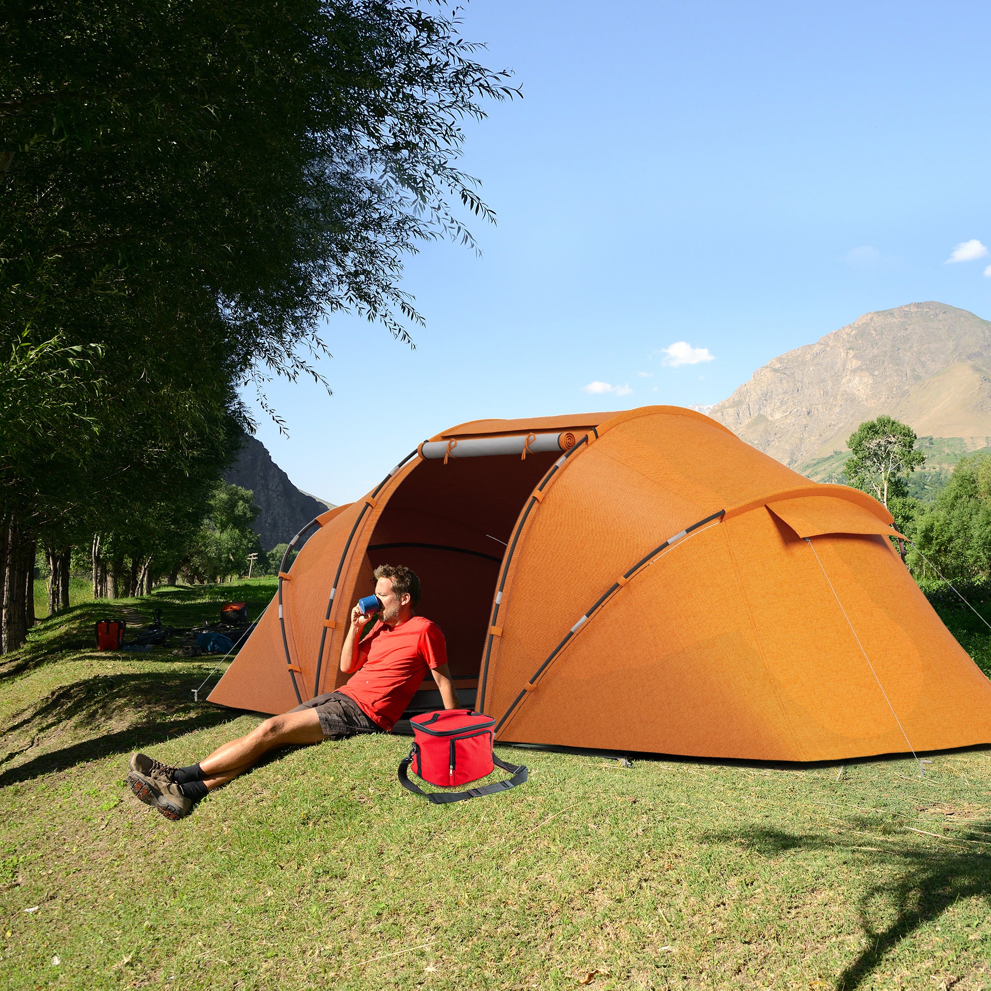Outsunny 4-6 Man Camping Tent w/ Two Bedroom, Hiking Sun Shelter, UV Protection Tunnel Tent, Orange - North Peak Garden Furniture