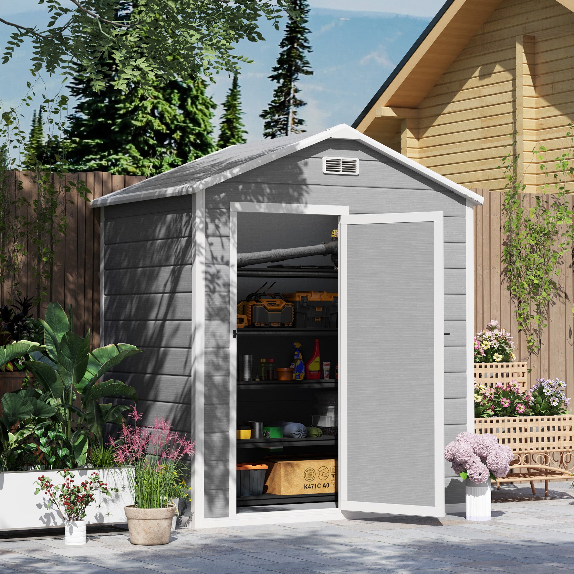 Outsunny 6 x 4ft Garden Shed, Plastic Shed with Floor, Window, Lockable Door and Vents, Wood Effect Resin Tool Shed for Outdoor, Grey - North Peak Garden Furniture