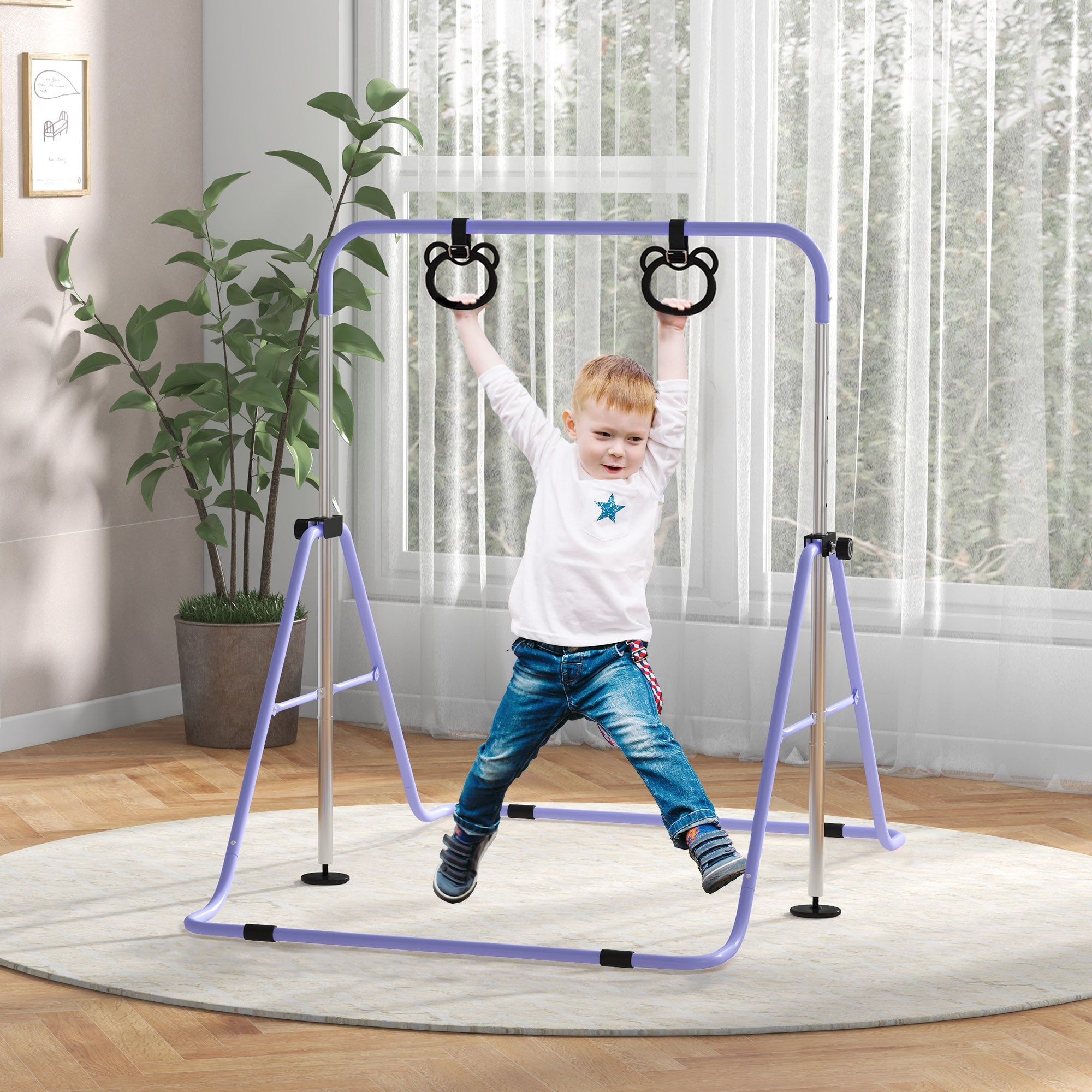 HOMCOM Adjustable Height, Foldable Kids Gymnastics Bar w/ Non-Slip Mats, for 3+ Years, Purple - North Peak Garden Furniture