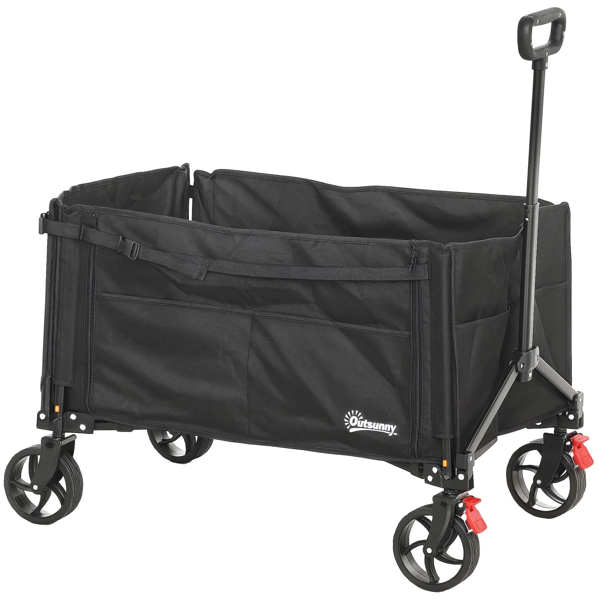 Outsunny Folding Trolley on Wheels, 150L Collapsible Wagon Festival Trolley Cart with Openable Sides, Adjustable Handle and Brakes for Shopping Camping Beach and Garden, Black - North Peak Garden Furniture