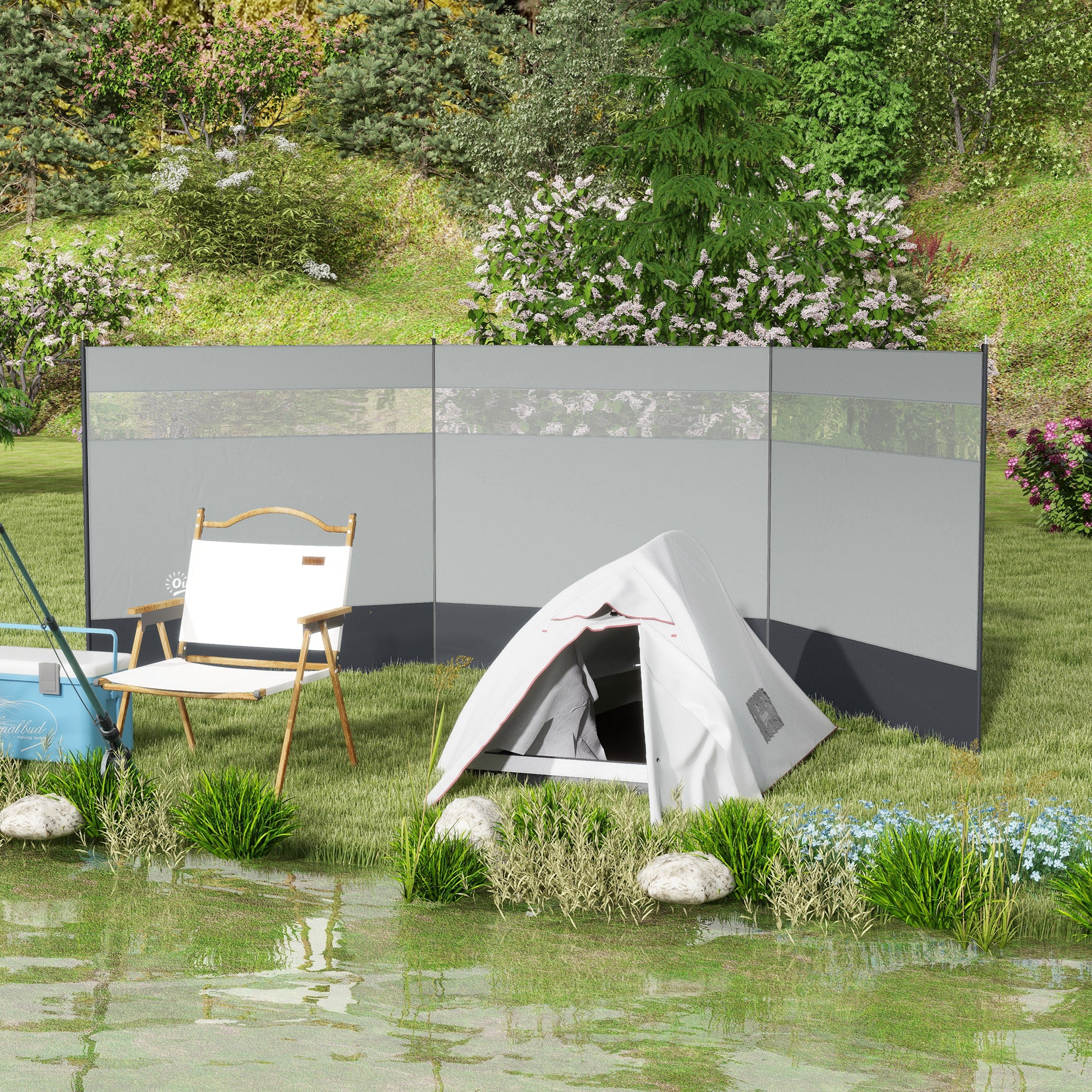 Outsunny Camping Windbreaker with Clear Windows, Carry Bag and Steel Poles, for Beach Caravan Campervan, 440 x 140cm, Grey - North Peak Garden Furniture