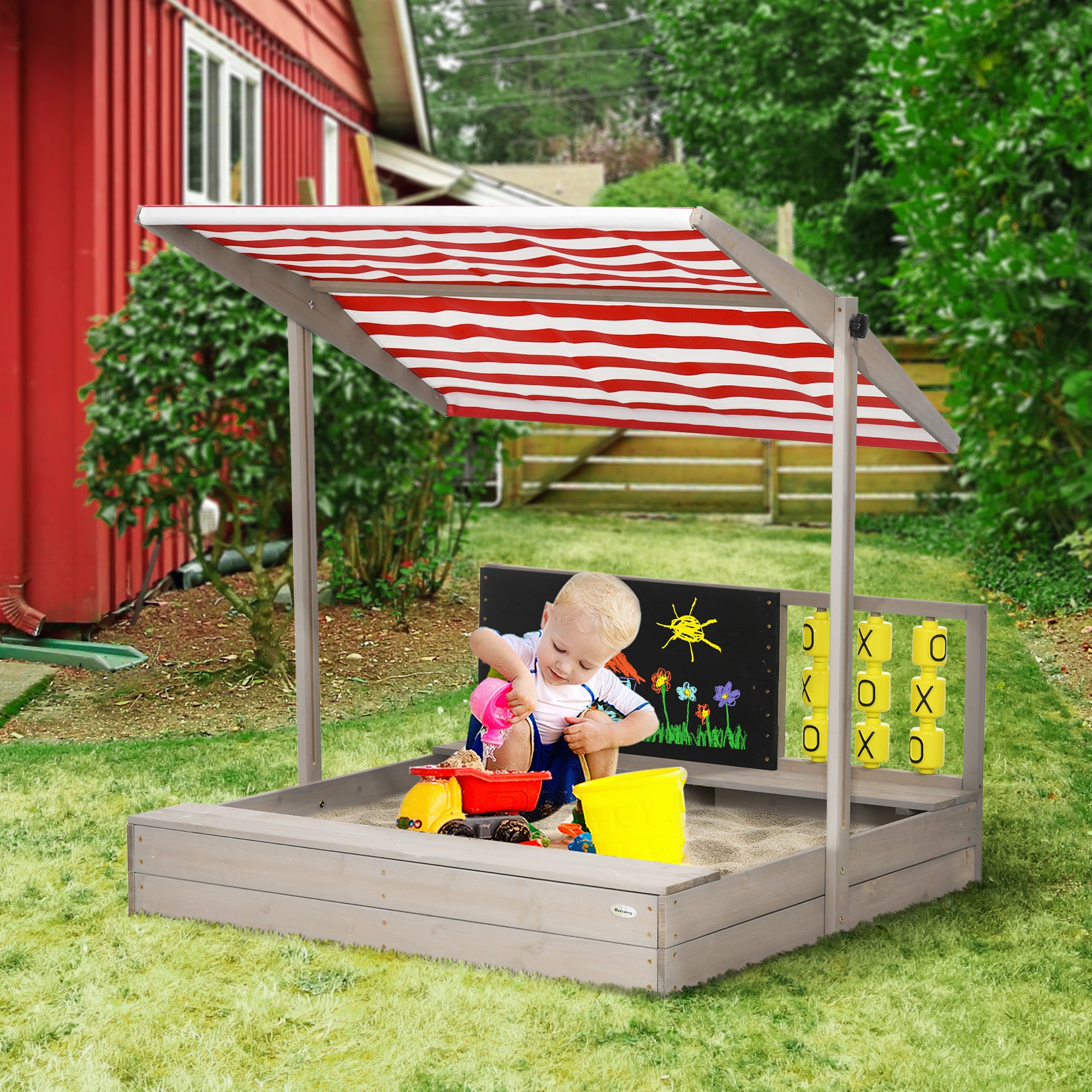 Outsunny Kids Wooden Sandpit, sandbox with canopy & Seats, for Gardens - Grey - North Peak Garden Furniture