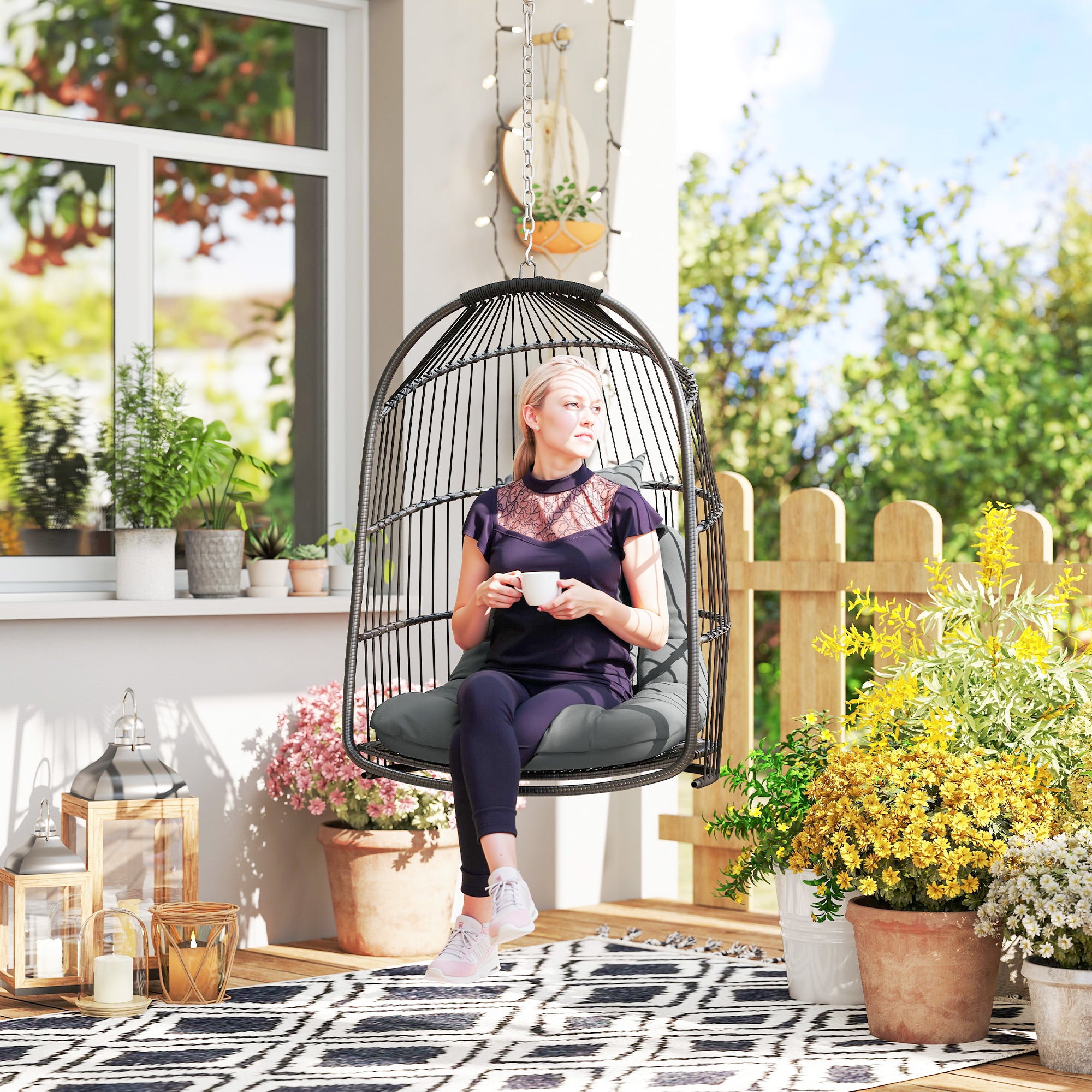 Outsunny Hanging Egg Chair, Foldable Rattan Garden Swing Chair with Installation Kit, Thickened Cushion and Headrest, Indoor Outdoor Hanging Egg Basket Seat for Patio, Porch, Dark Grey - North Peak Garden Furniture