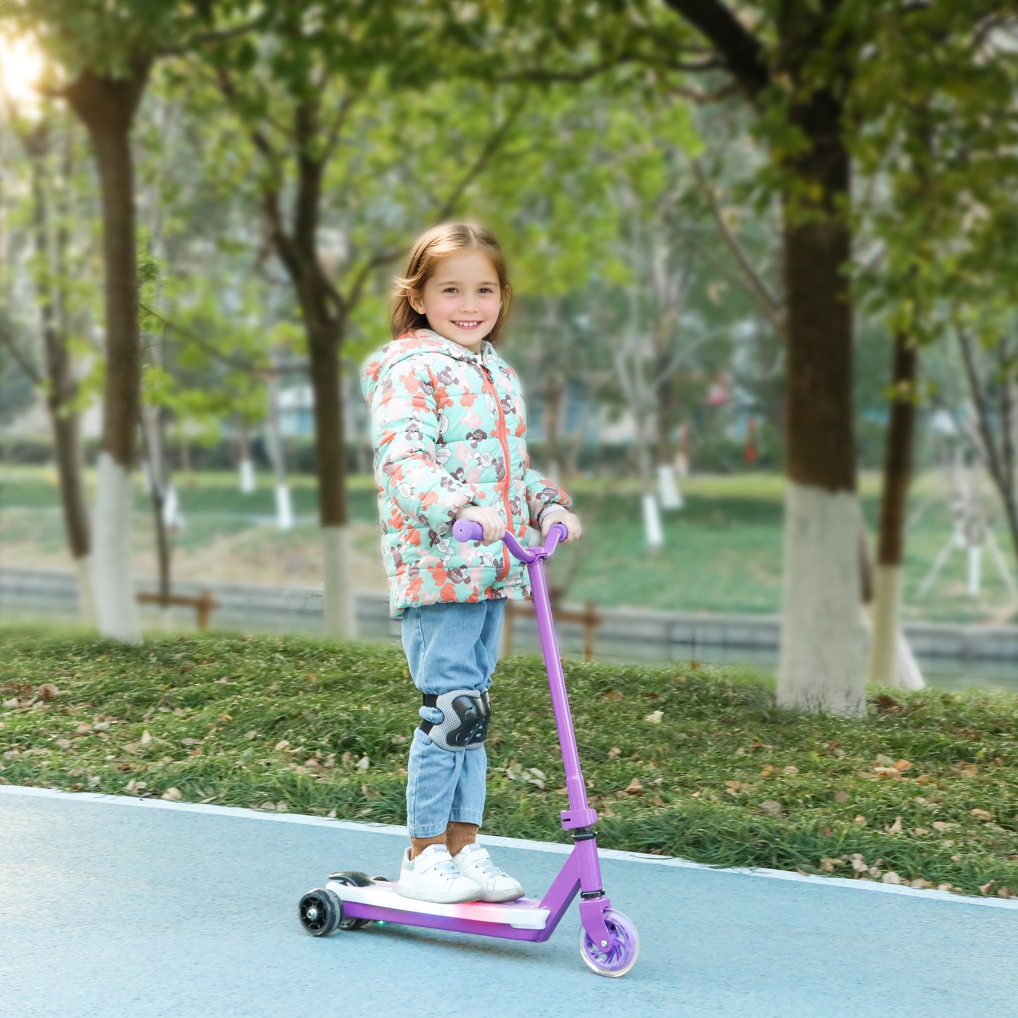 AIYAPLAY Electric Scooter for Kids Ages 4-7, with Auxiliary Rear Wheels, Flashing LED Light and Electric Brake, Kids Electric Scooter for Boys Girls, 6 KM/H & 8 KM, Purple - North Peak Garden Furniture