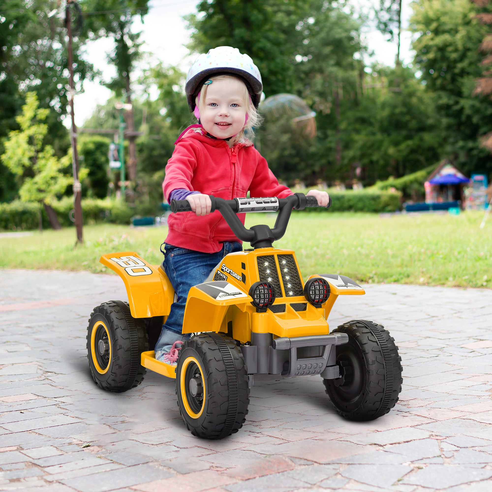 AIYAPLAY 6V Electric Quad Bike for Kids, Ride On ATV w/ Forward Backward, Headlights, for 18-36 Months - Yellow - North Peak Garden Furniture
