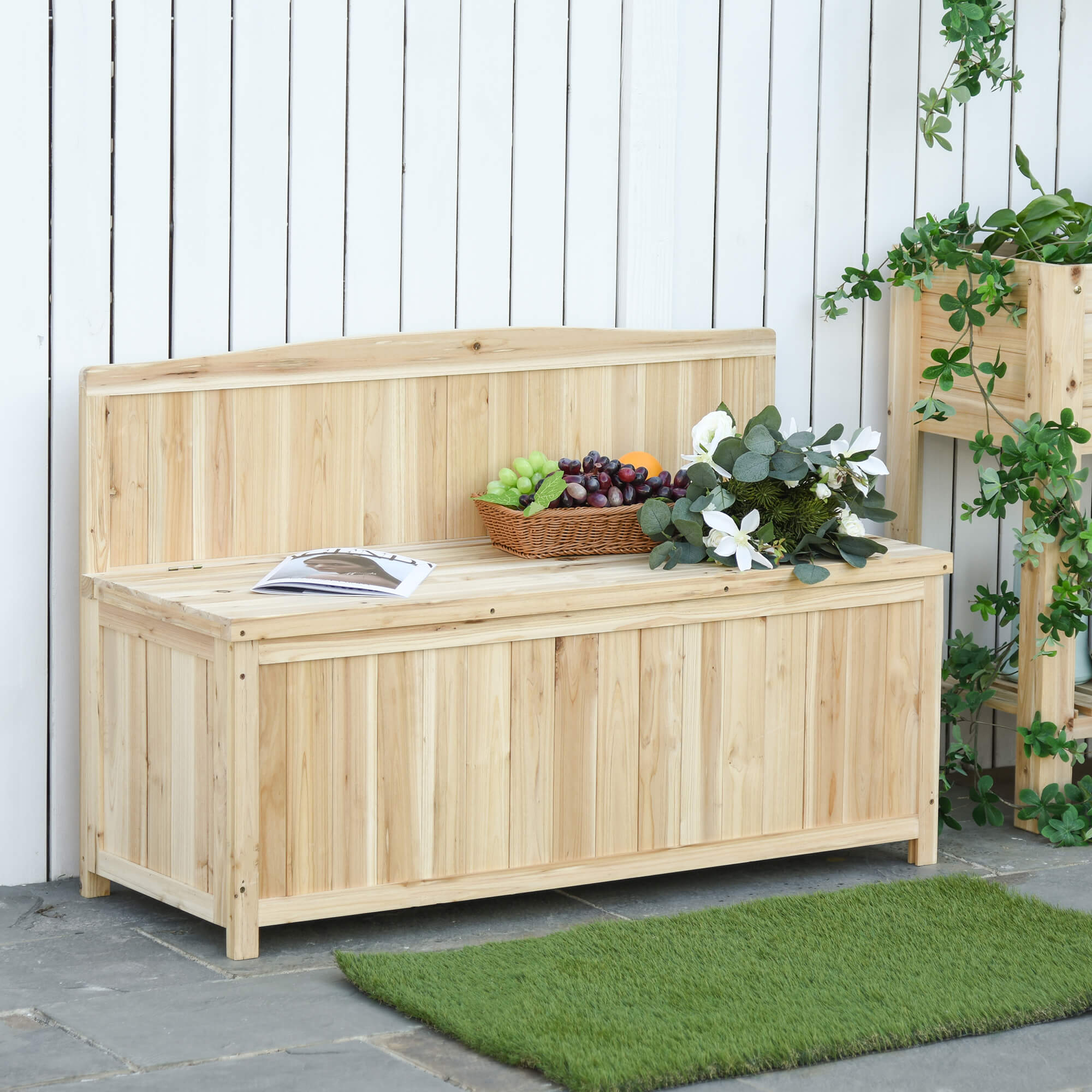 Outsunny Wood Storage Bench for Patio Furniture, Outdoor Garden Seating Tools - North Peak Garden Furniture