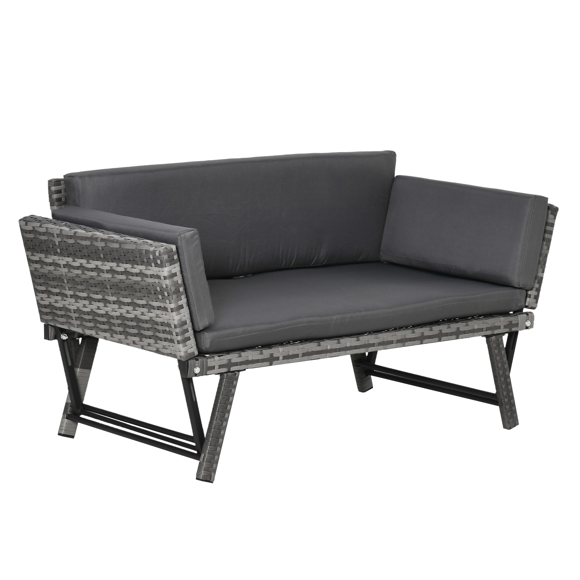 Outsunny 2 Seater Rattan Sofa with Cushions, 2-in-1 PE Rattan Daybed Sofa with Left Up or Down Armrests, Garden Chaise Lounger Loveseat for Outdoor, Patio, Mixed Grey - North Peak Garden Furniture