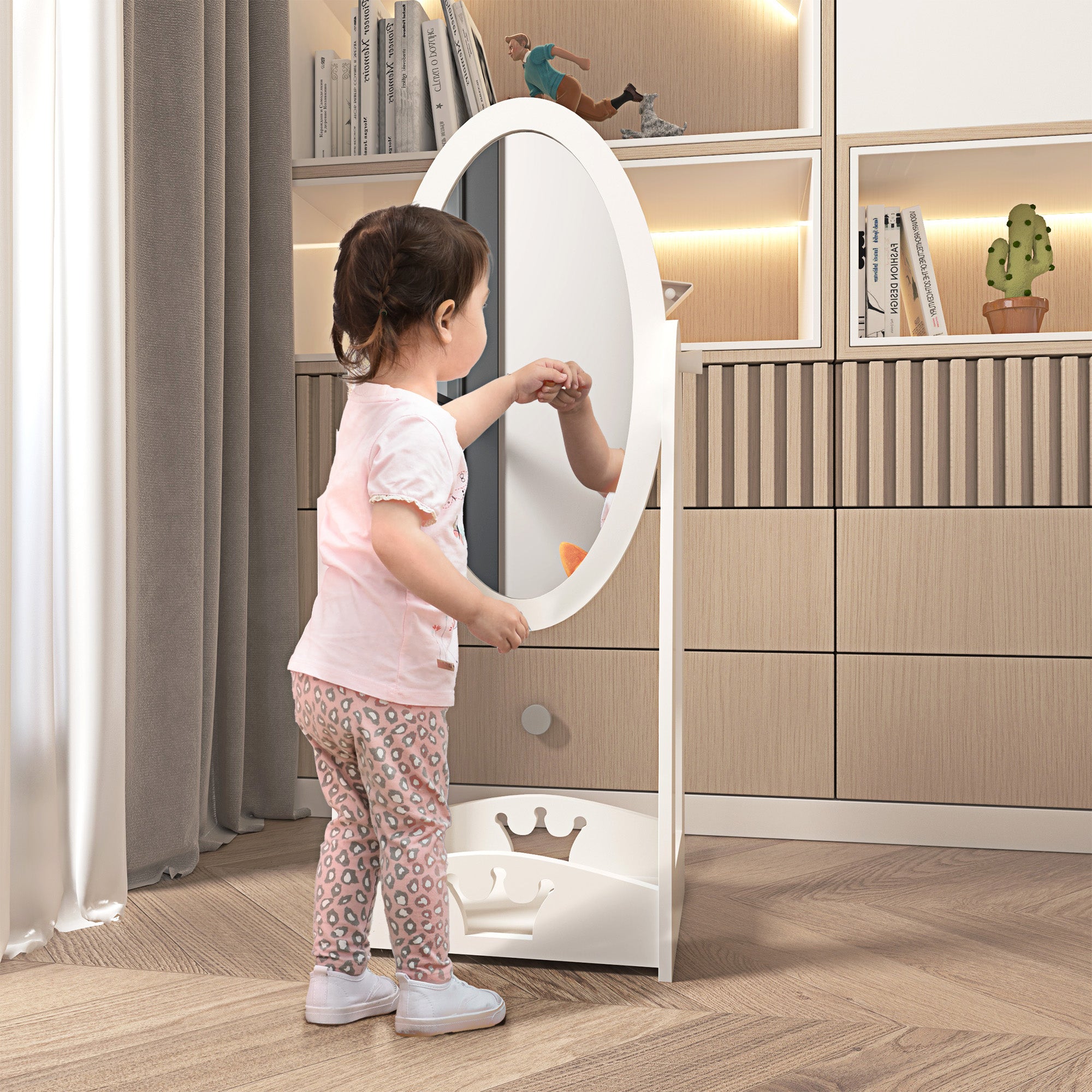 HOMCOM Free Standing Full Length Mirror, Child's Dressing Mirror with storage shelf, Children's White Bedroom Furniture 360° Rotation MDF, For 3- 8 Years Old, 40L x 30W x 104H cm - North Peak Garden Furniture