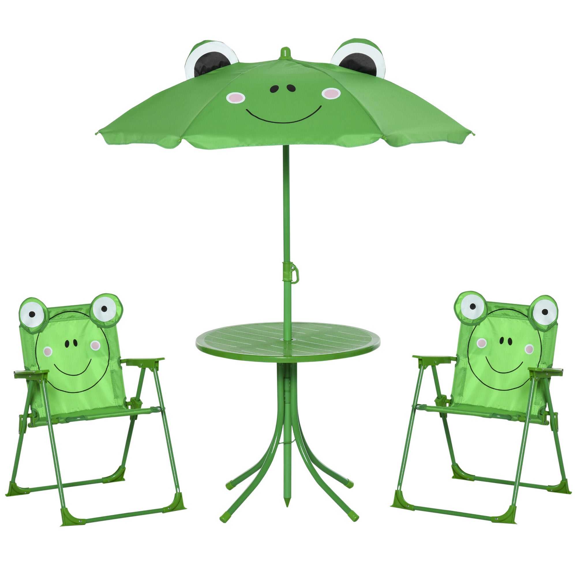 Outsunny Kids Outdoor Table and Chairs Garden Furniture Frog Pattern with Removable & Height Adjustable Sun Umbrella, Green - North Peak Garden Furniture