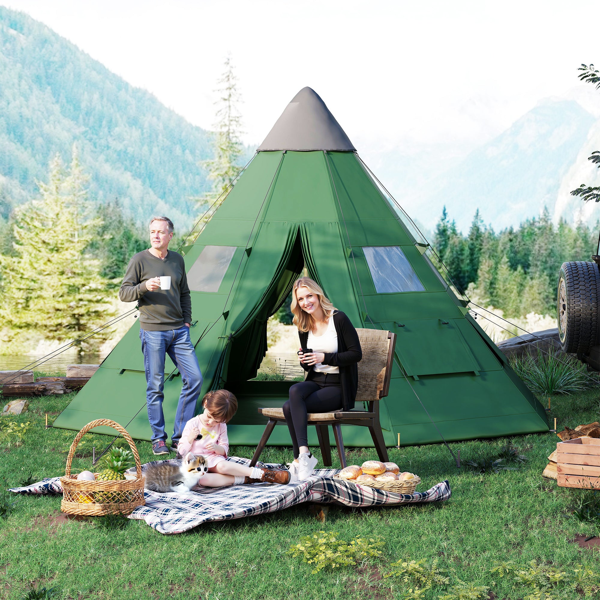 Outsunny 6 Men Tipi Tent with Carry Bag - Green - North Peak Garden Furniture