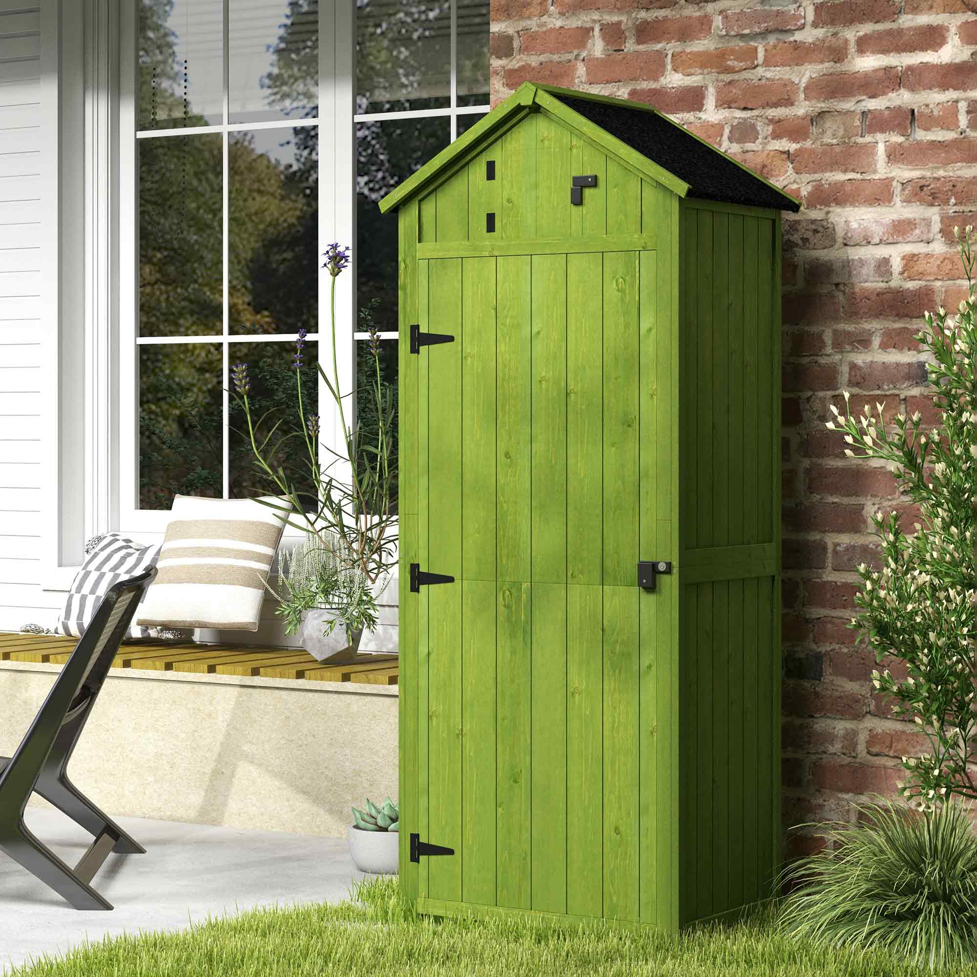 Outsunny Wooden Garden Shed, Utility Outdoor Small Shed with Lockable Double Doors, Shelves and Roof Hatch, Dark Green - North Peak Garden Furniture