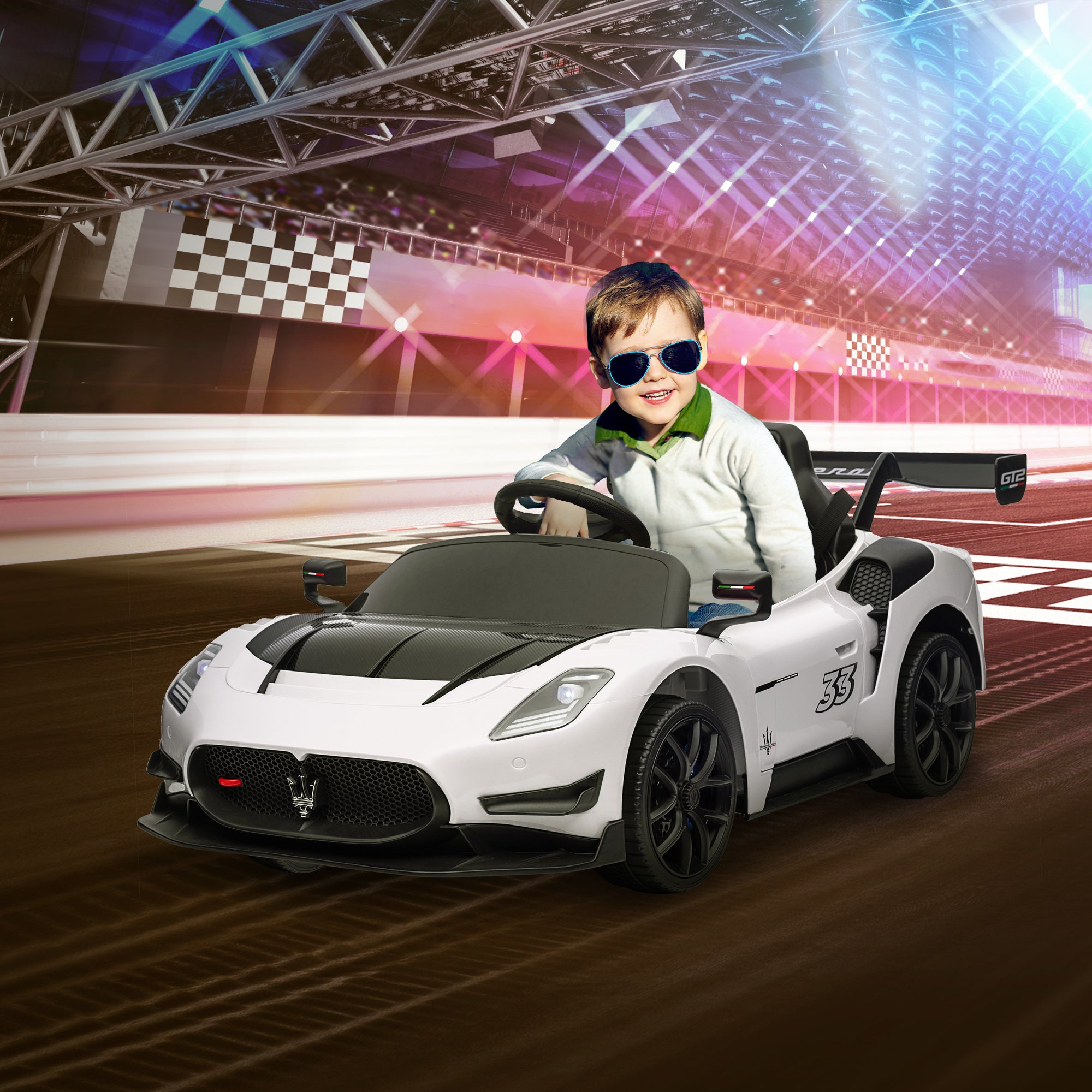 AIYAPLAY Maserati GT2 Licensed 12V Kids Electric Ride on Car with 4 Suspension, Remote Control Music Horn Lights - White - North Peak Garden Furniture