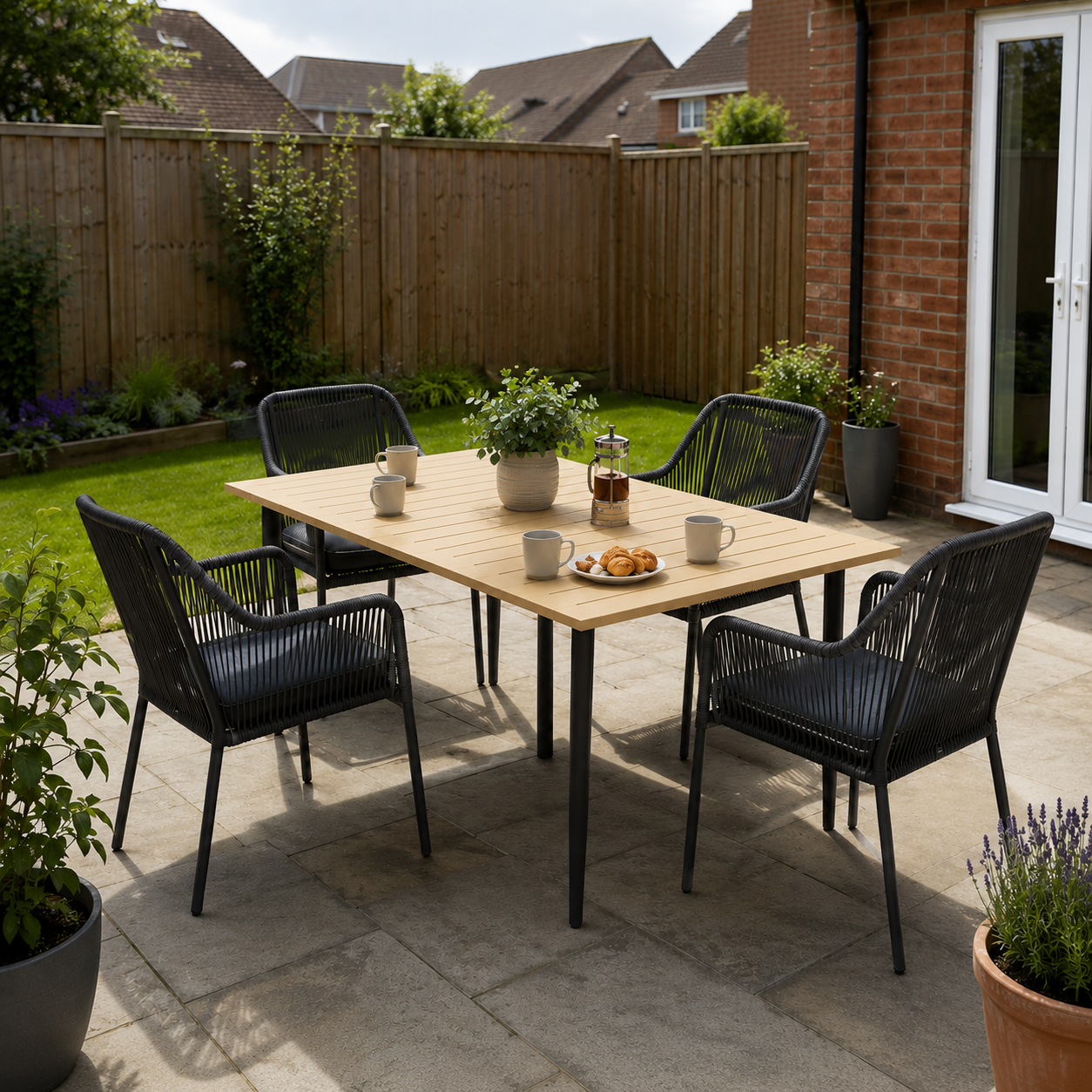 Outsunny Garden Dining Table for 6 Person, Rectangle Outdoor Coffee Table with 5 cm Parasol Hole, Slatted Tabletop and Steel Frame for Patio Balcony, Brown