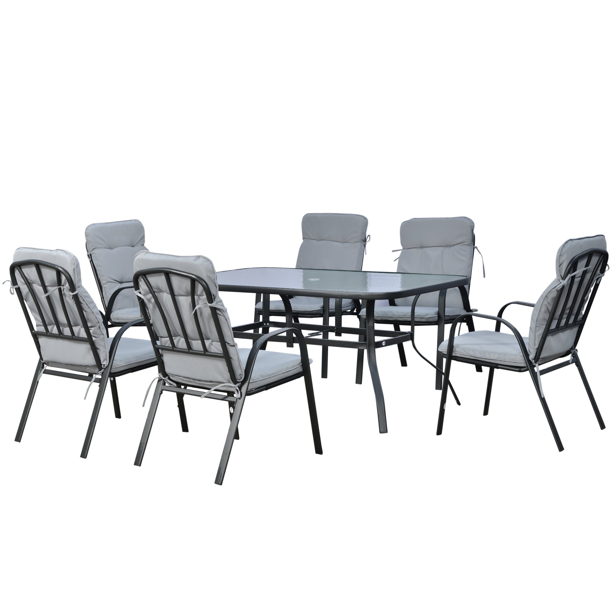 Outsunny 7 Piece Garden Dining Set, Outdoor Dining Table and 6 Cushioned Armchairs, Tempered Glass Top Table w/ Umbrella Hole, Texteline Seats, Grey - North Peak Garden Furniture