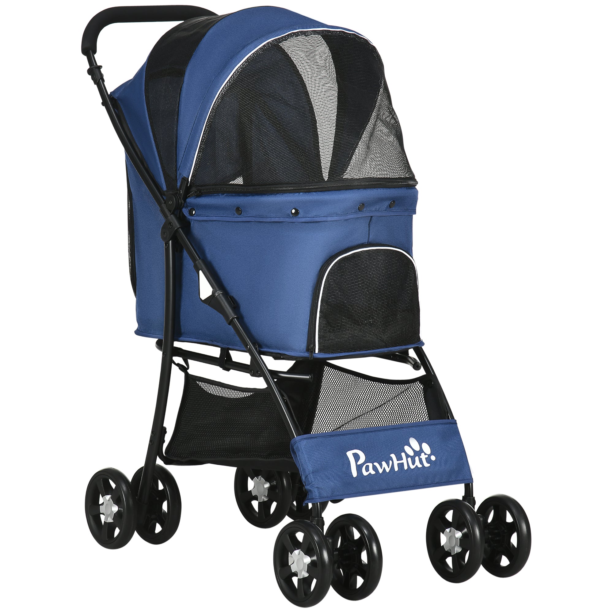 PawHut Foldable Pet Stroller for Dogs, Puppy Stroller, with Large Carriage, Brakes, Canopy - Blue - North Peak Garden Furniture