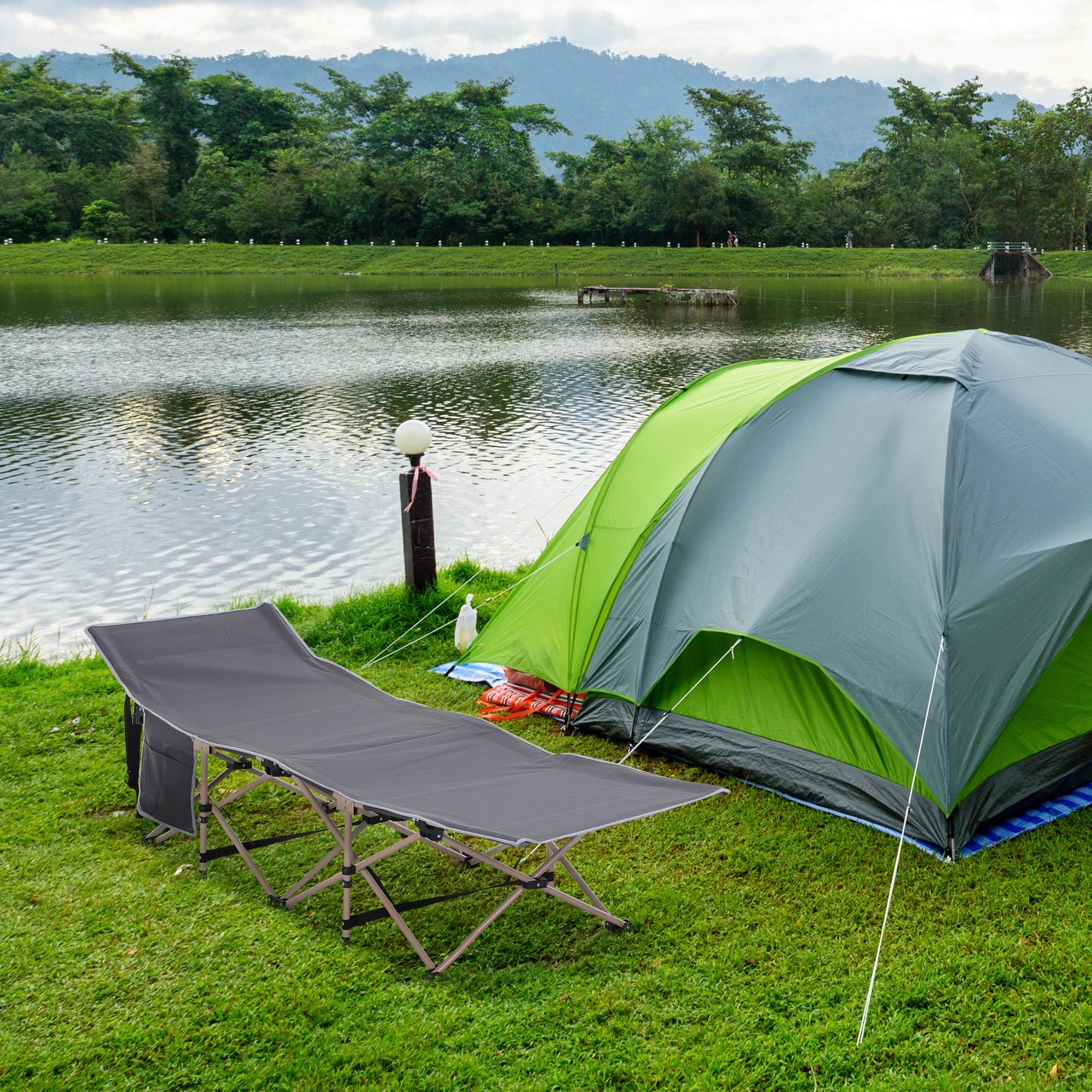 Outsunny Single Steel Frame Portable Camping Cot, with Carry Bag - Grey - North Peak Garden Furniture