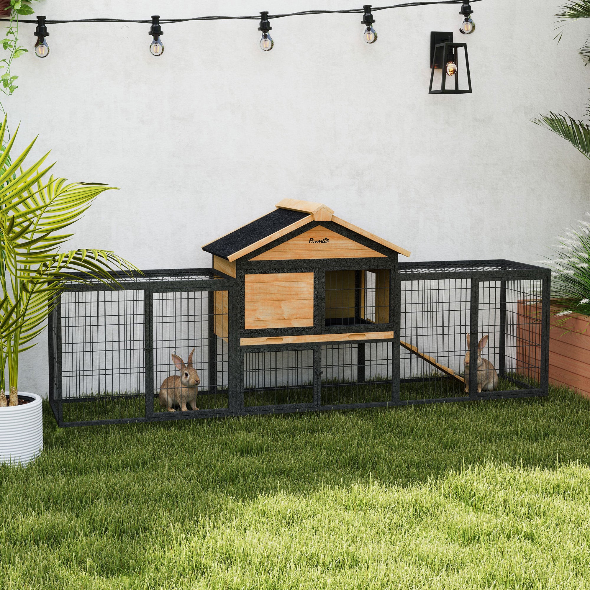 PawHut Wooden Rabbit Hutch Outdoor with Steel Run, Wooden Guinea Pig Cage with Removable Plastic Tray, Asphalt Roof, Ramp - North Peak Garden Furniture