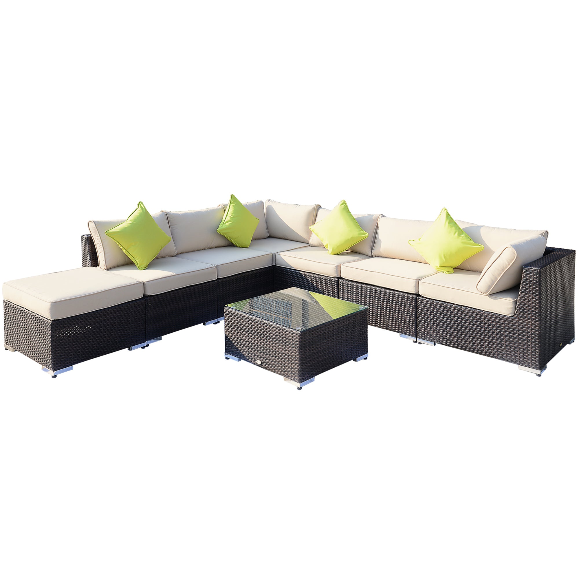 Outsunny 8 Pieces PE Rattan Corner Sofa Set with Thick Cushions, Aluminium Outdoor Rattan Garden Furniture Set with Glass Top Table, No Assembly Required, Mixed Brown - North Peak Garden Furniture