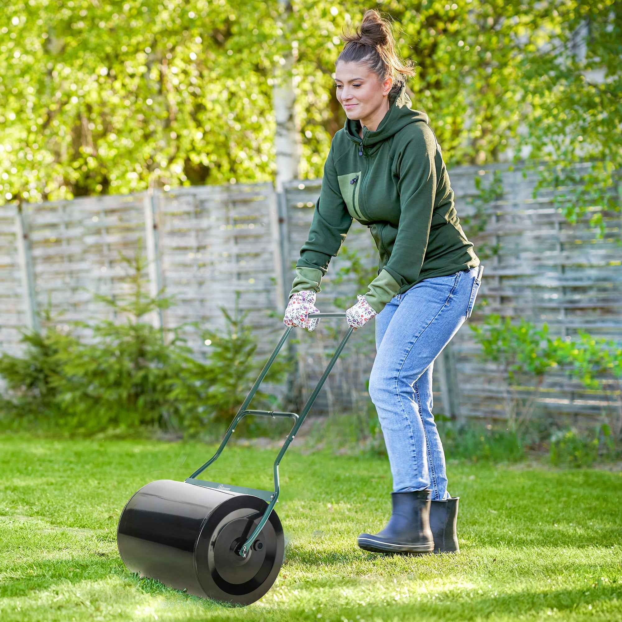 Outsunny φ50cm Steel Garden Lawn Roller Push Pull w/ Fillable Cylinder Water Sand Plug Lawn Flatten Seed Sow Rolling Drum w/ Handle