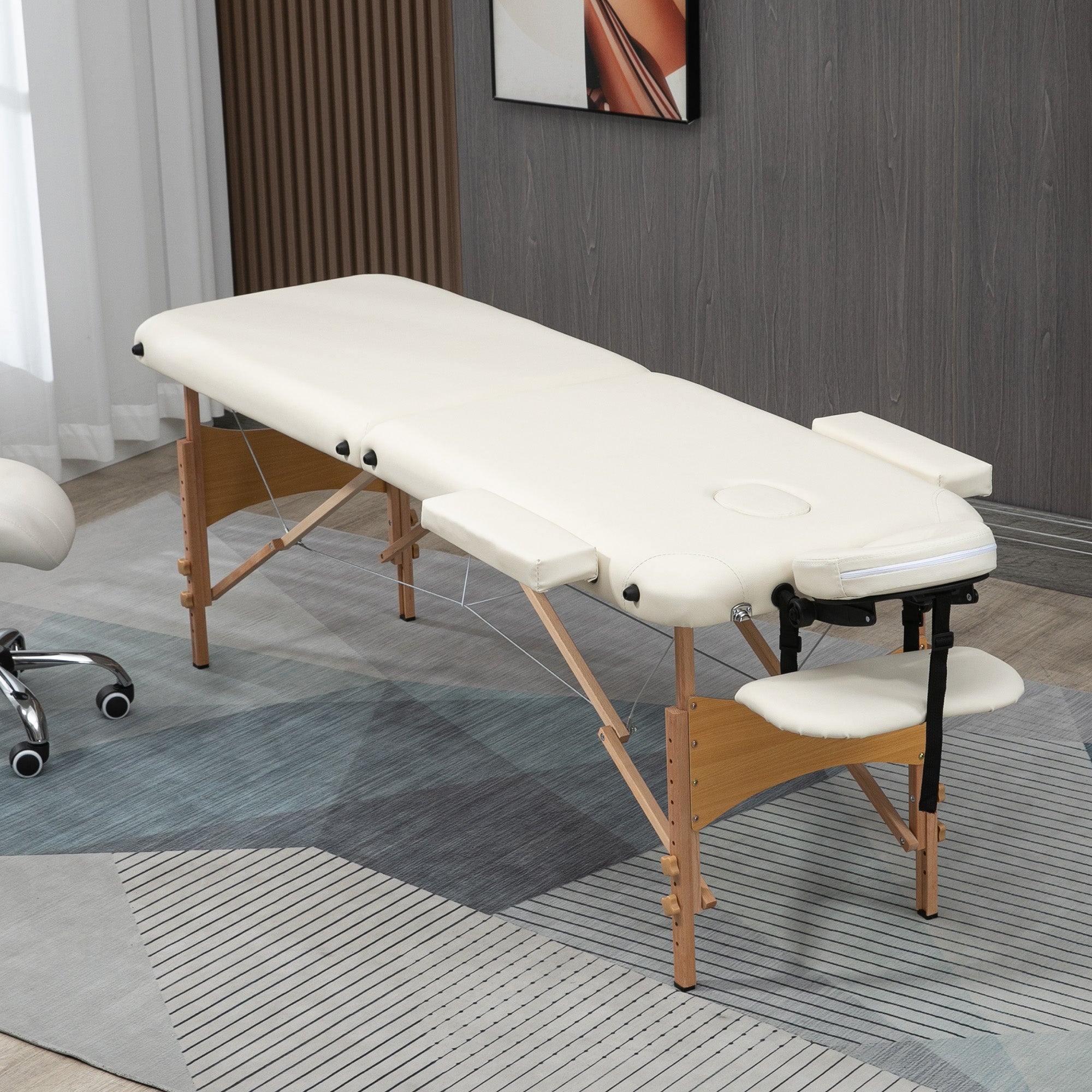 HOMCOM Portable Massage Bed, Folding Spa Beauty Massage Table with 2 Sections, Carry Bag and Wooden Frame, Cream - North Peak Garden Furniture