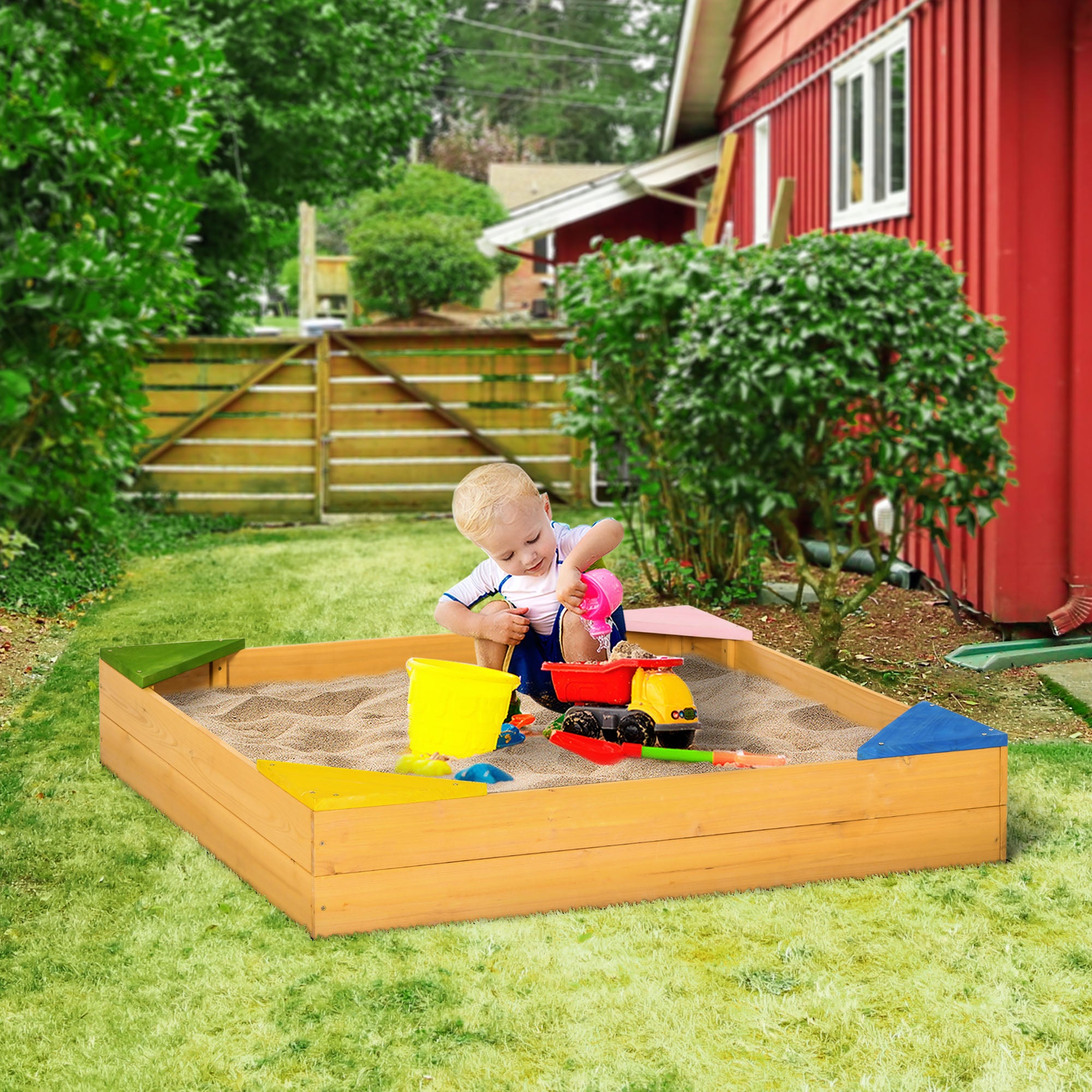 Outsunny Kids Wooden Sand Pit, Children Sandbox, with Four Seats, Non-Woven Fabric, for Gardens, Playgrounds - North Peak Garden Furniture