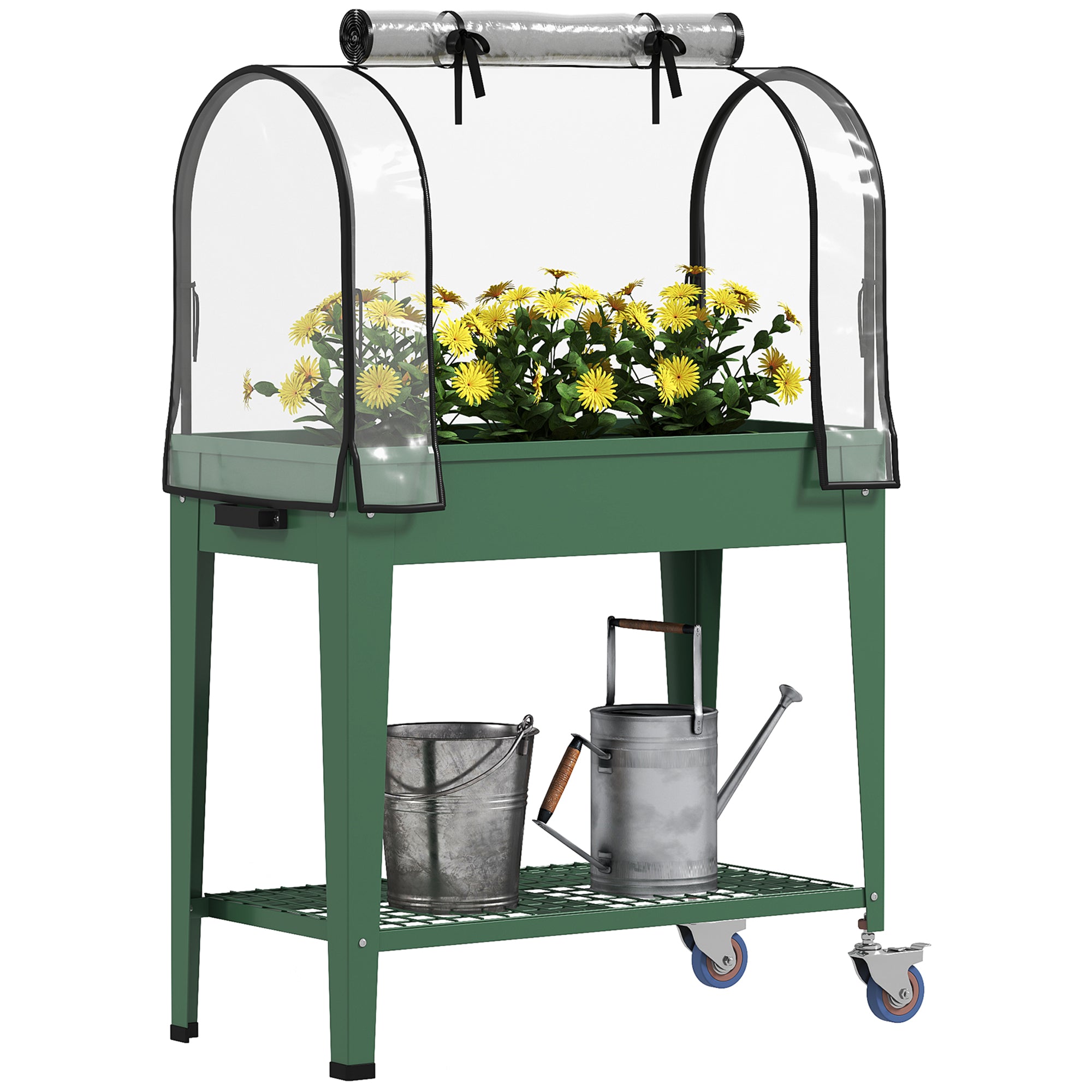 Outsunny Raised Planter with Greenhouse Cover, Mobile Elevated Garden Bed with Wheels and Bottom Shelf for Vegetables, Green - North Peak Garden Furniture