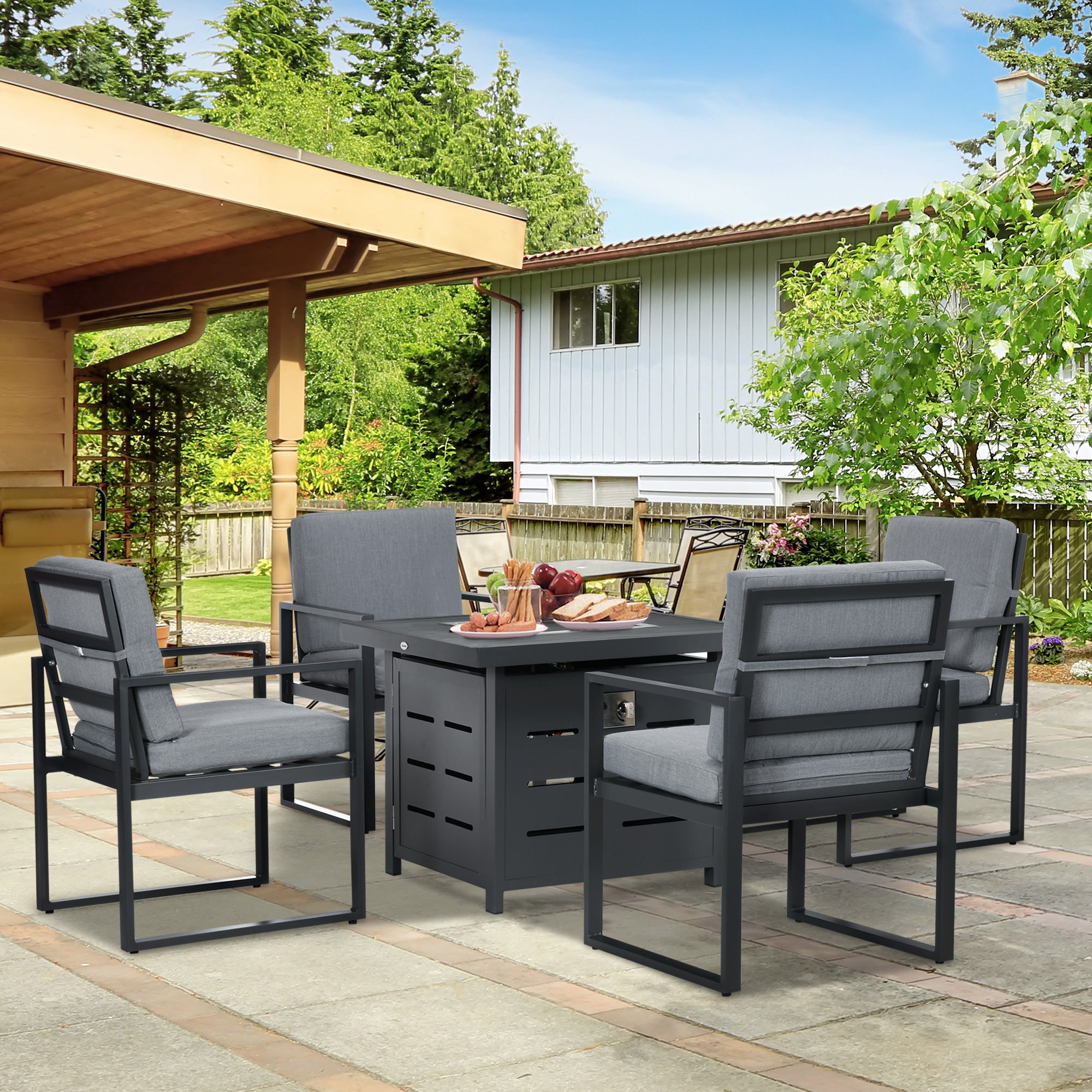 Outsunny 5-Piece Aluminium Garden Furniture Sets, 4 Seater Outdoor Conversational Dining Set with Gas Fire Pit Table Cushions for Yard, Poolside, Patio, Grey - North Peak Garden Furniture