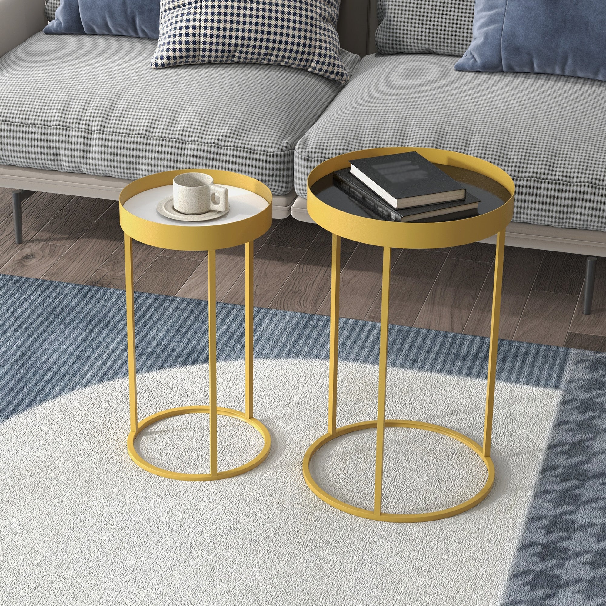 HOMCOM Nest of Tables, Round Coffee Table Set of 2, Nesting Tables with Embedded Tabletop and Metal Frame, Gold Side Table for Living Room, Bedroom - North Peak Garden Furniture
