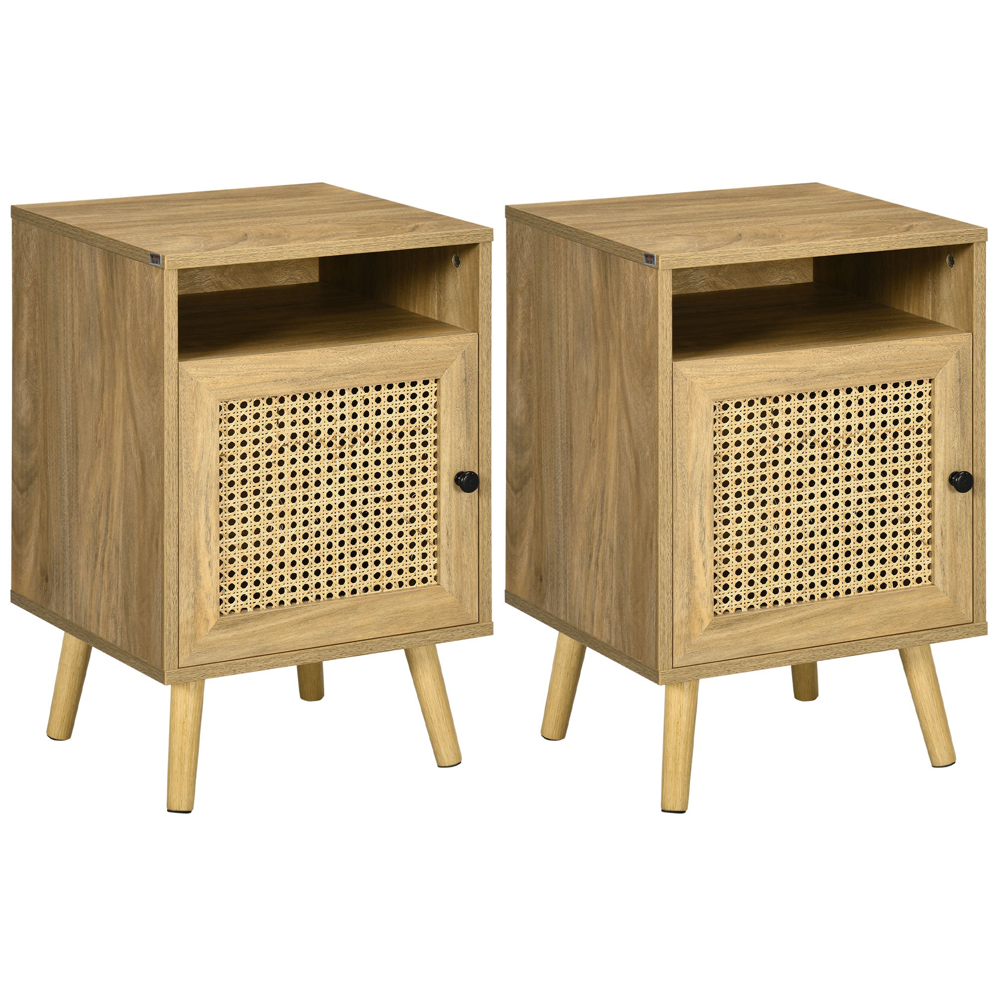 HOMCOM Bedside Table with Rattan Element, Side End Table with Shelf and Cupboard, 39cmx35cmx60cm, Set of 2, Natural - North Peak Garden Furniture