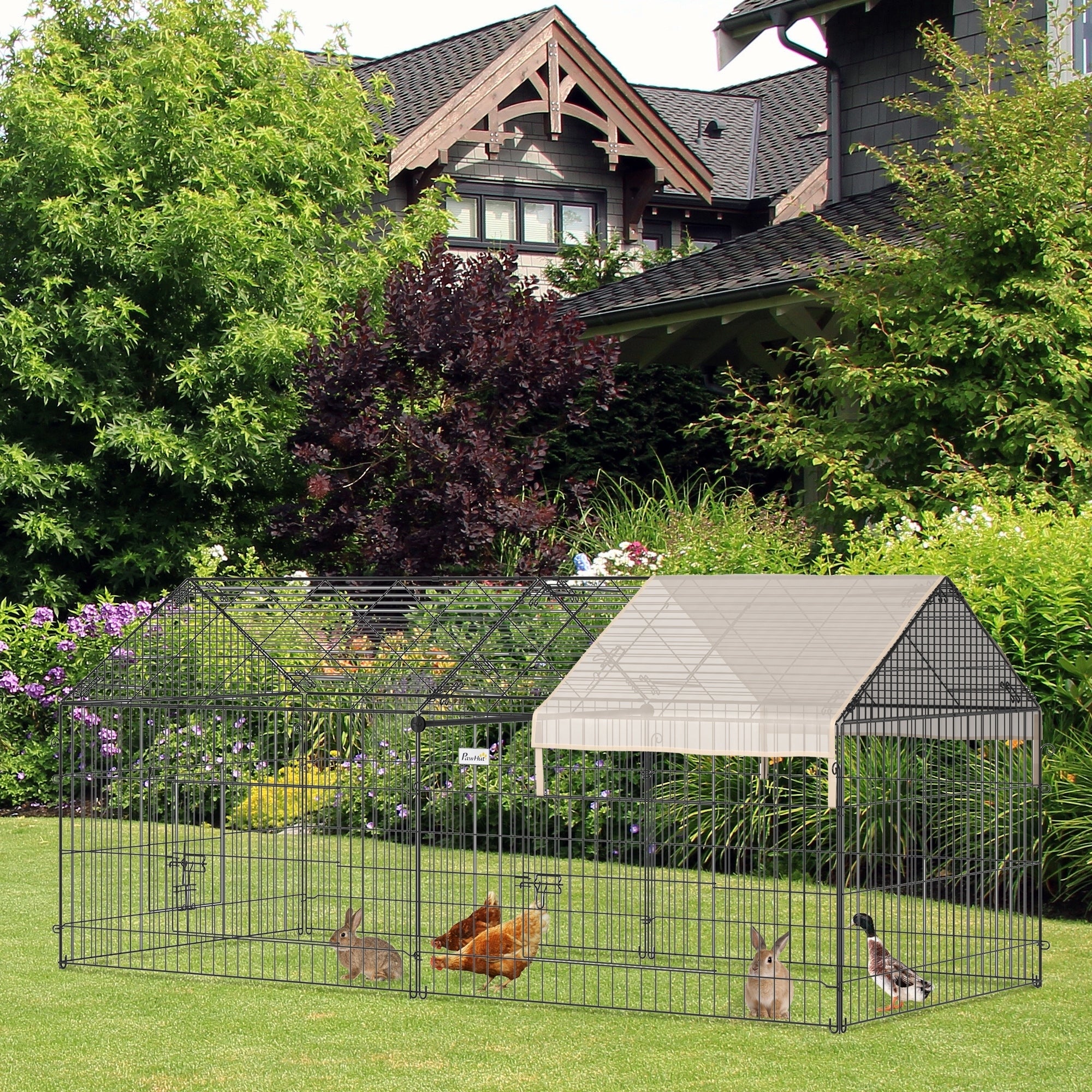 PawHut Metal Chicken Run Coop with Water-Resistant Cover for Bunny, Guinea Pig, Easy to Store & Set-up, Beige - North Peak Garden Furniture