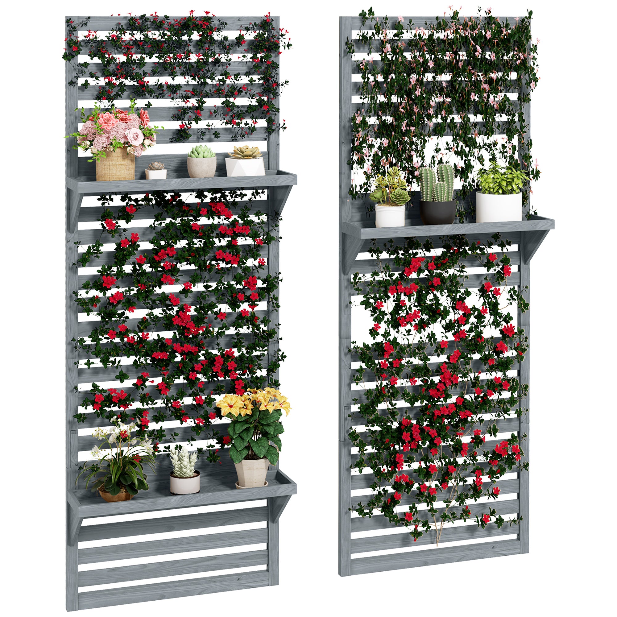 Outsunny Wall Mounted Plant Stands Set of 2, Fir Wood Flower Stand with Shelves and Slatted Trellis for Patio, Balcony, Porch - North Peak Garden Furniture