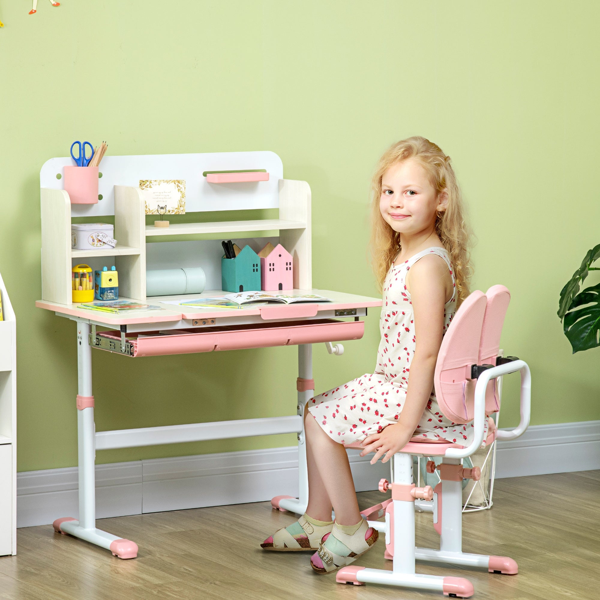 HOMCOM Kids Desk and Chair Set, with Storage Shelves, Washable Cover, for Ages 3-12 Years - Pink - North Peak Garden Furniture