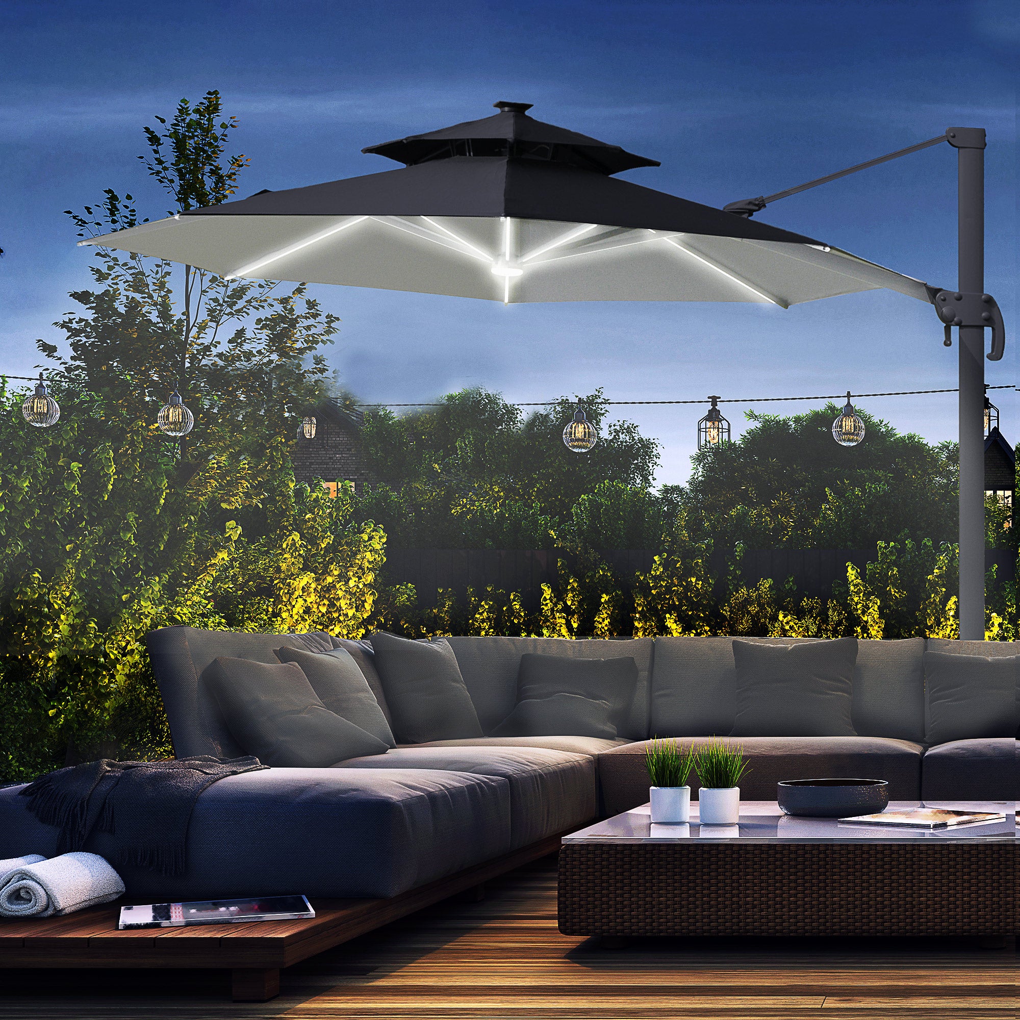 Outsunny 3m Cantilever Parasol w/ Solar Lights Power Bank Base 360° Spin Dark Grey - North Peak Garden Furniture