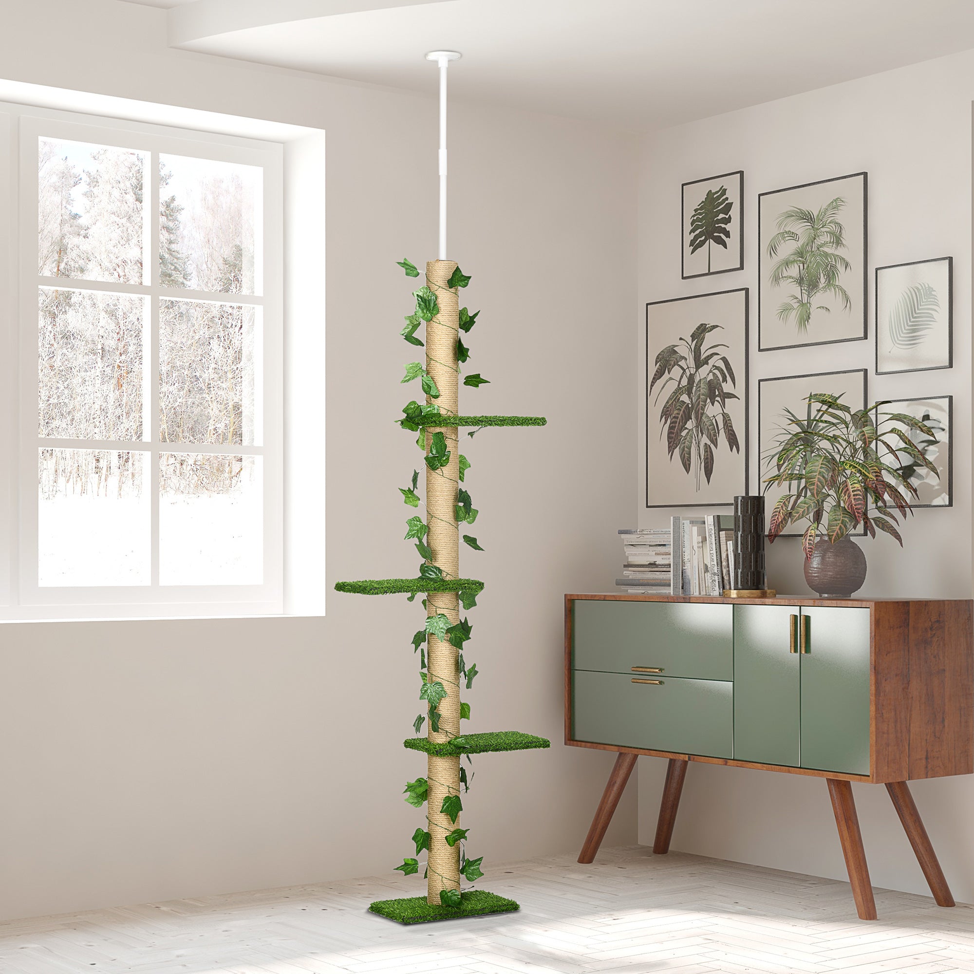 PawHut 242cm Adjustable Floor-To-Ceiling Cat Tree, with Artificial Decoration, Perches, Anti-Slip Kit - Green - North Peak Garden Furniture