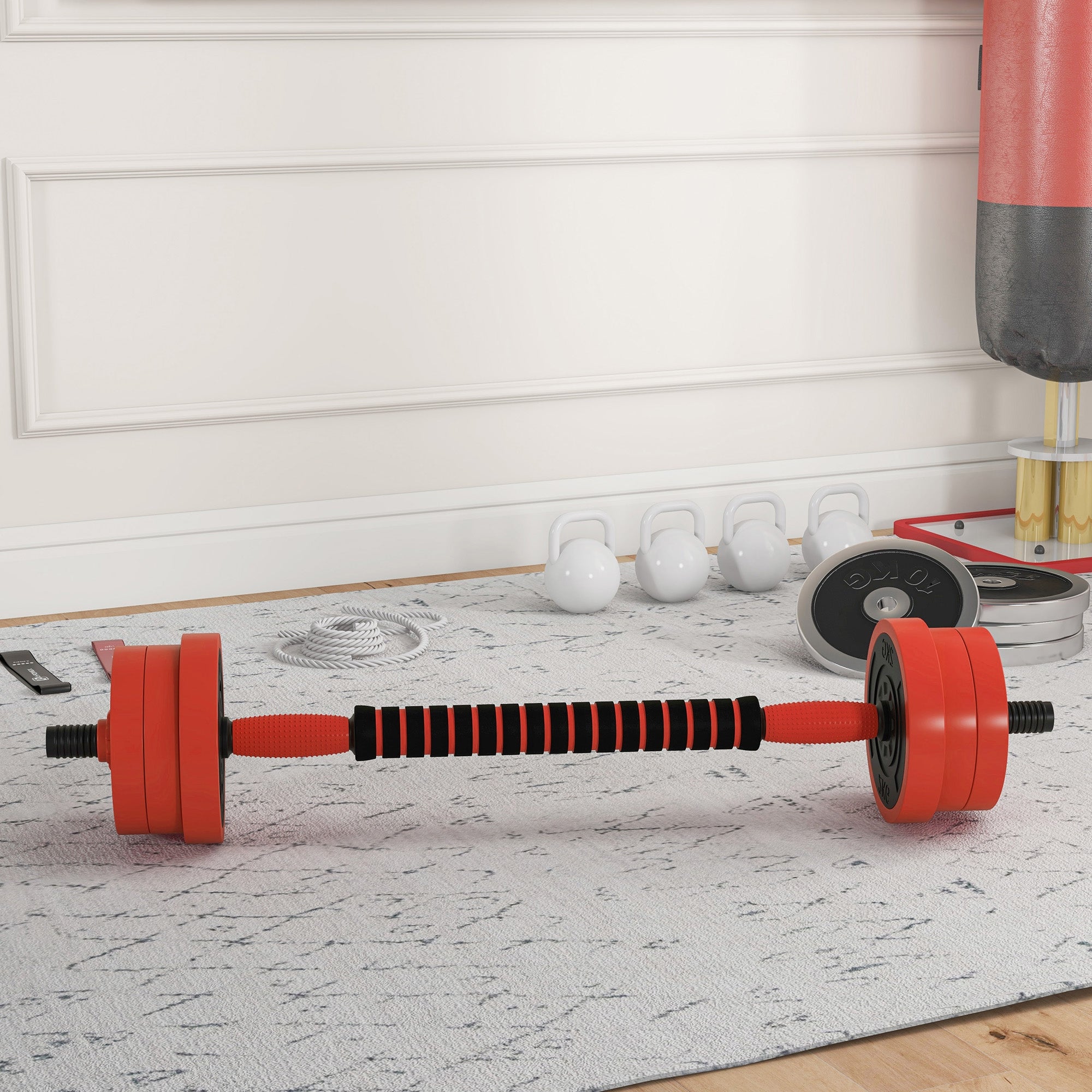 SPORTNOW 20kg Four-In-One Adjustable Weight Dumbbells Set, Barbell, Kettlebell, Push Up Stand - Red - North Peak Garden Furniture